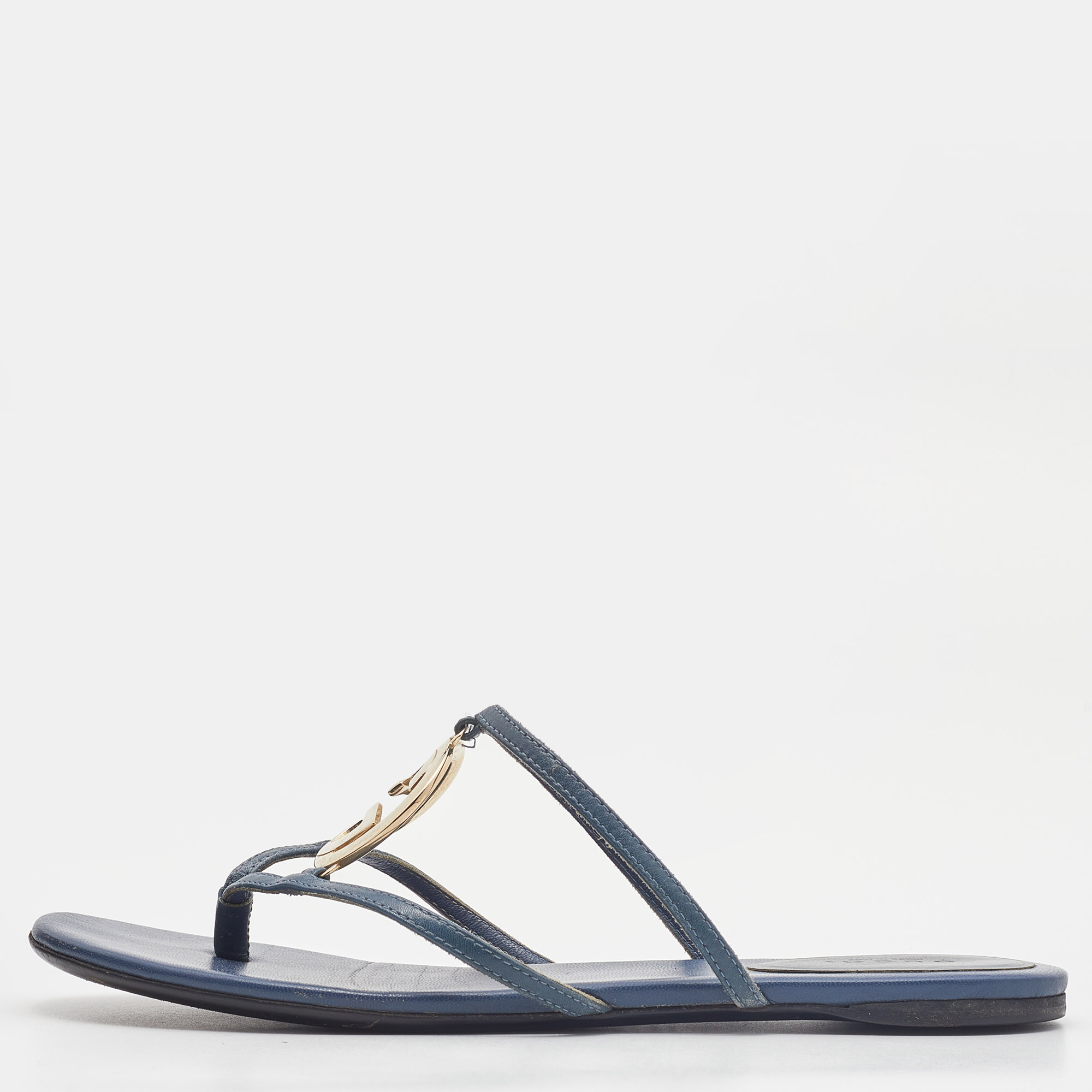 Gucci Blue Leather GG Cage Flat Thong Sandals Size 37
