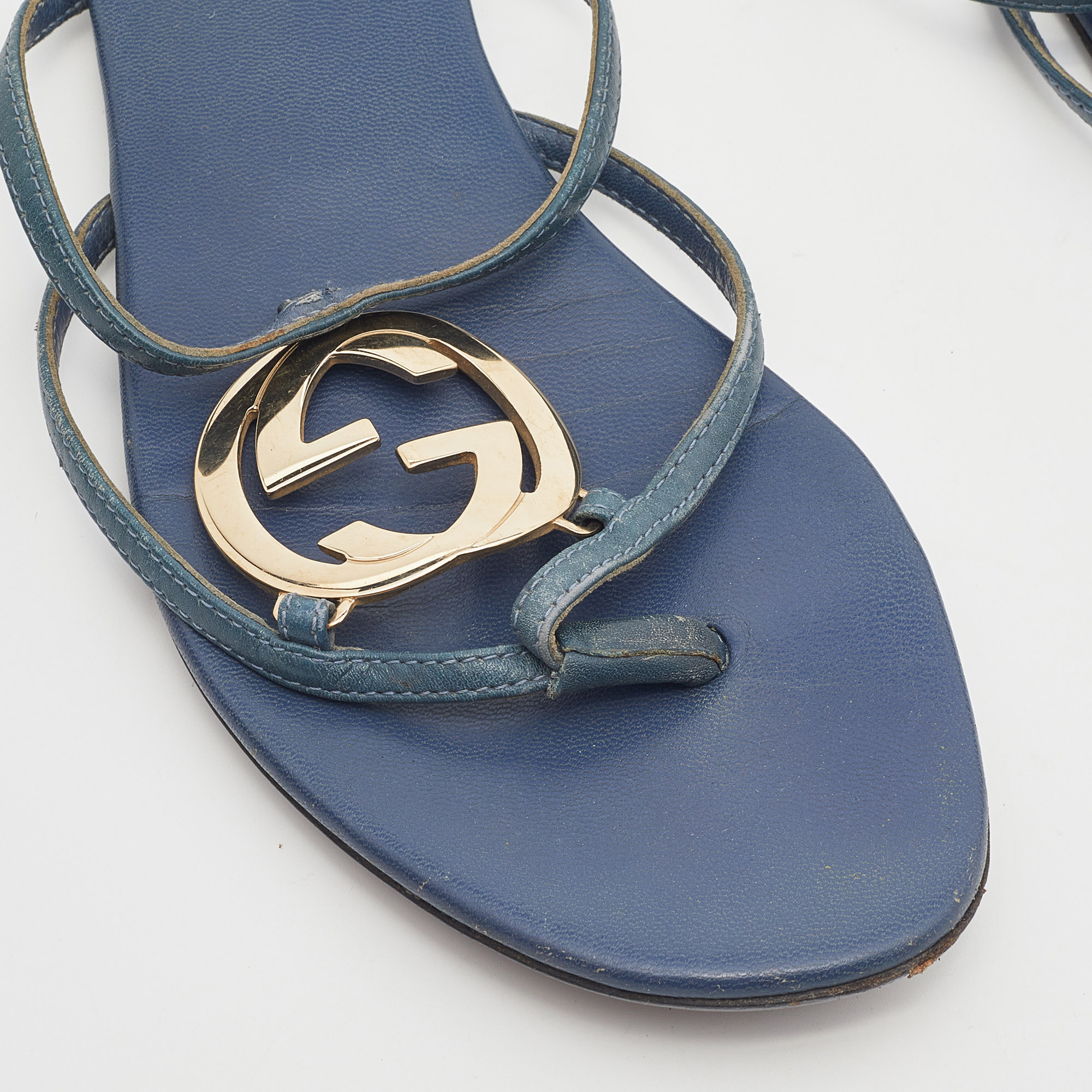 Gucci Blue Leather GG Cage Flat Thong Sandals Size 37
