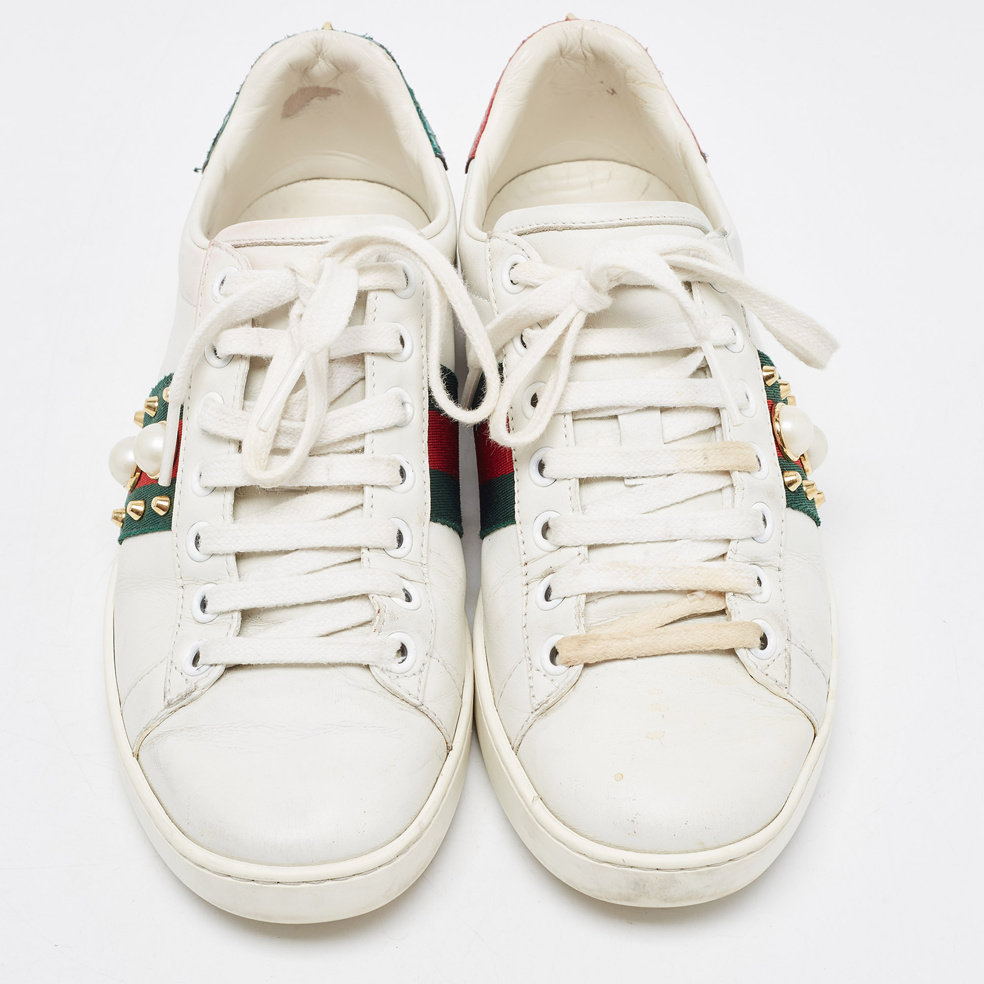 Gucci White Leather  Faux Pearl Embellished Ace Low Top Sneakers Size 35