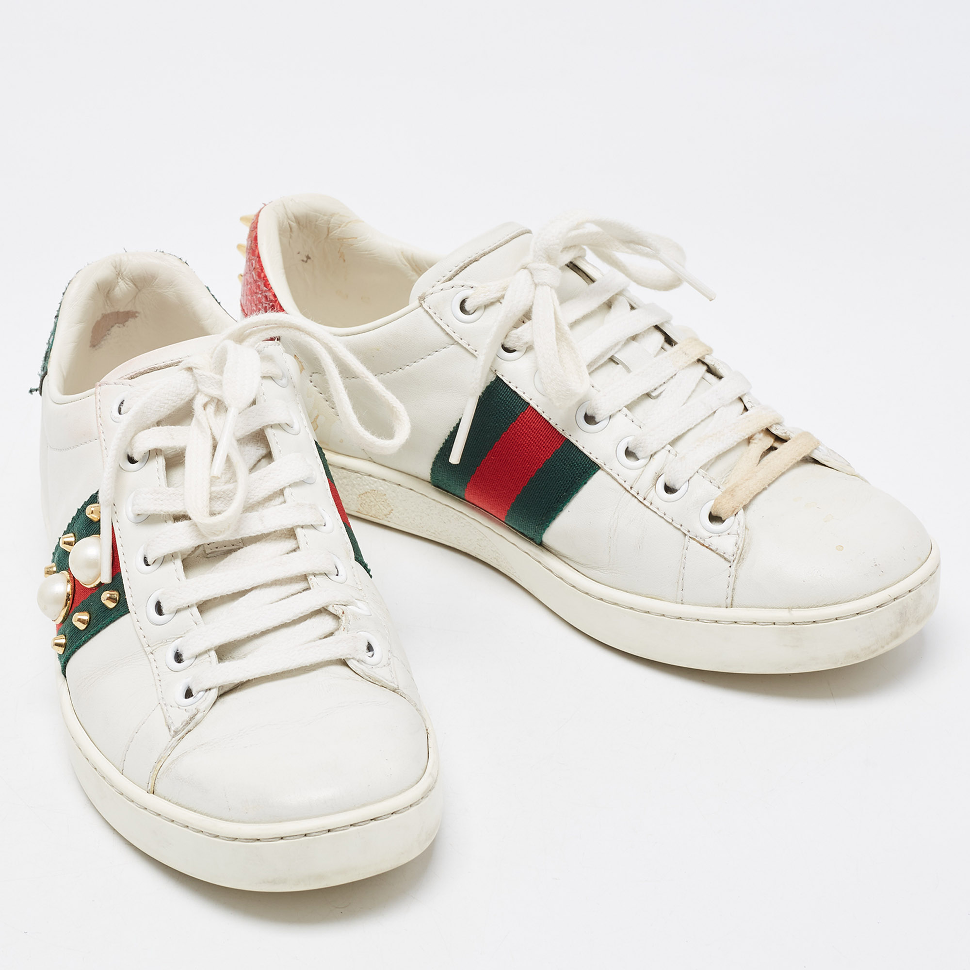 Gucci White Leather  Faux Pearl Embellished Ace Low Top Sneakers Size 35