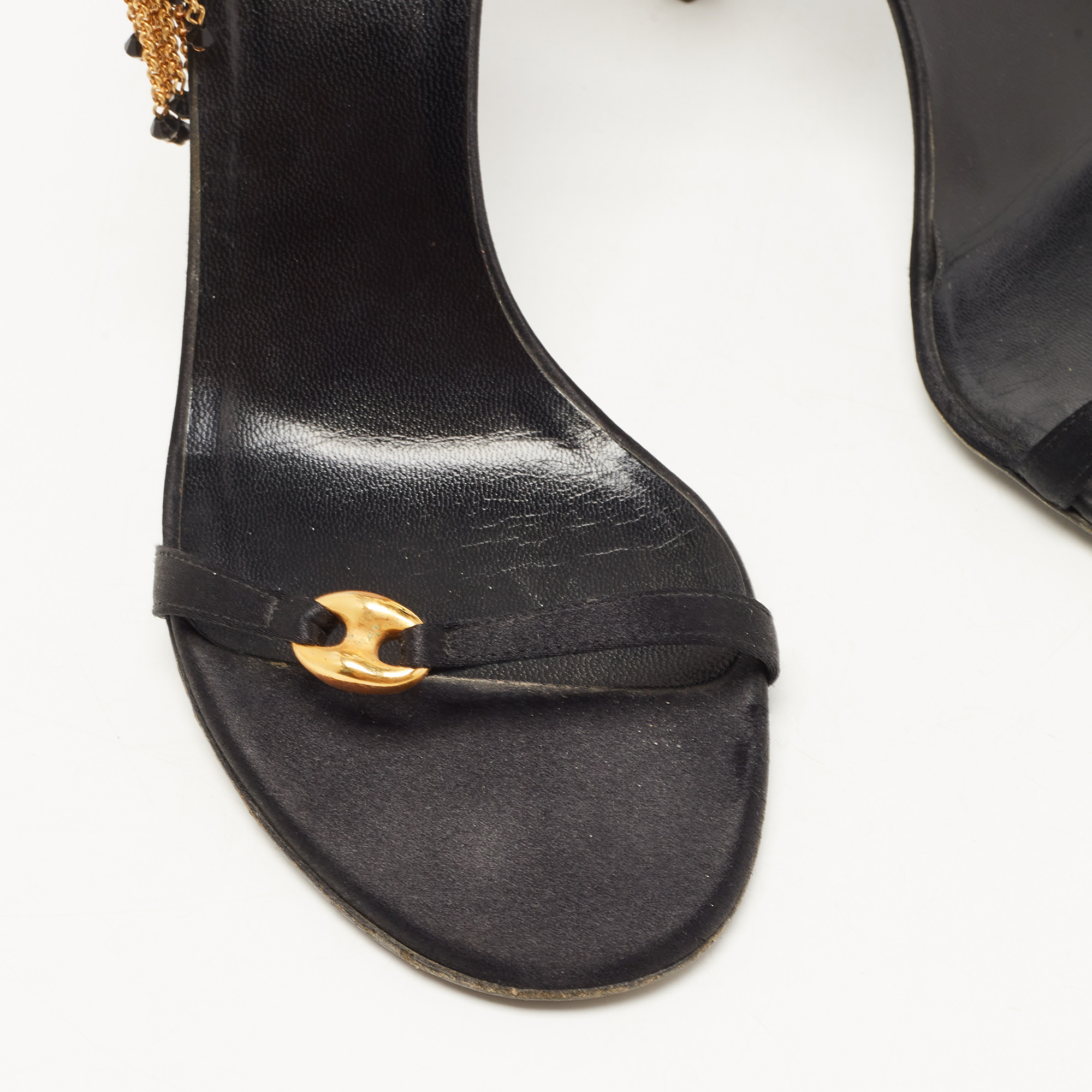 Gucci Black Satin Charms Embellished Ankle Strap Sandals Size 39.5