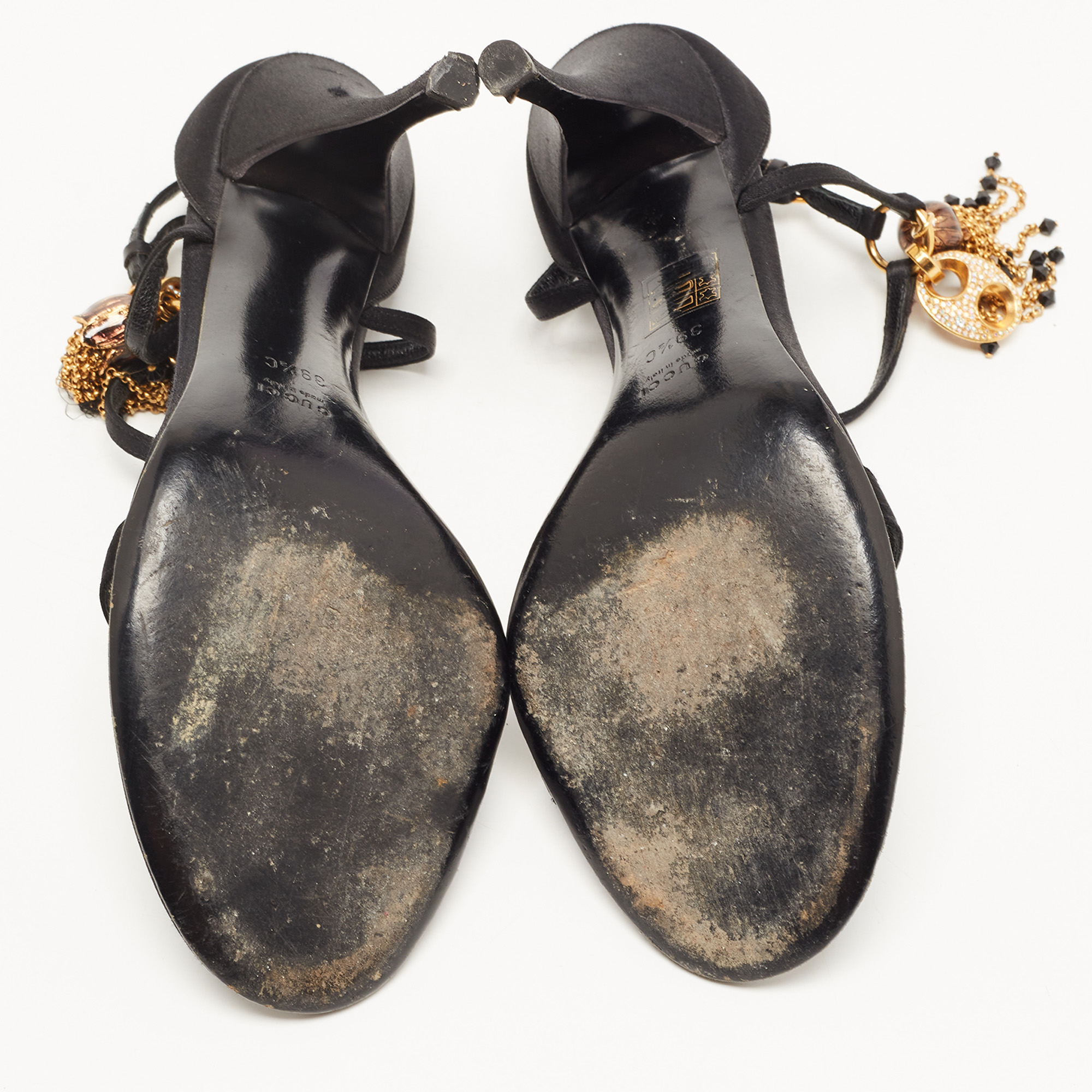 Gucci Black Satin Charms Embellished Ankle Strap Sandals Size 39.5