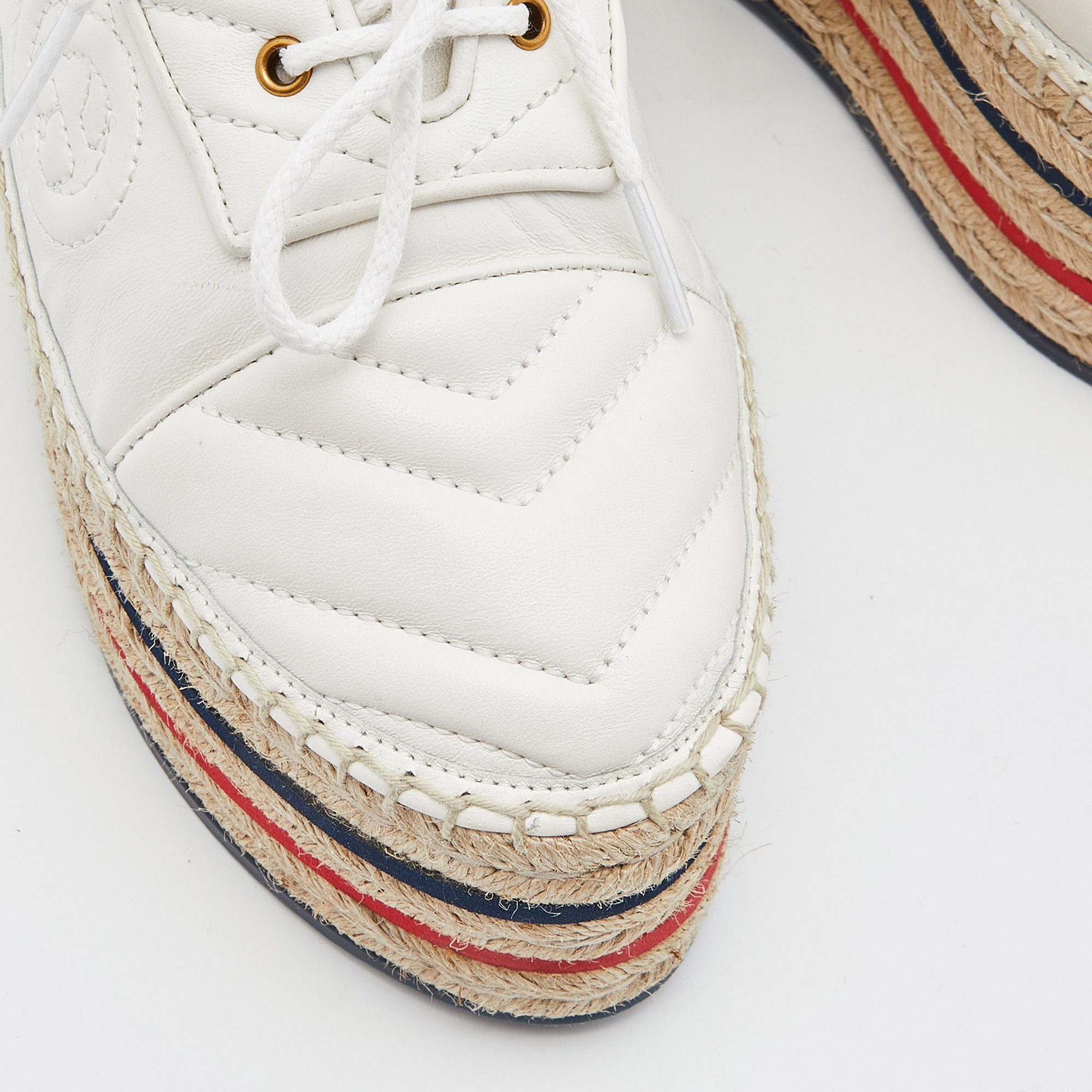 Gucci White Matelassé Leather Lace-Up Platform Espadrilles Size 38.5