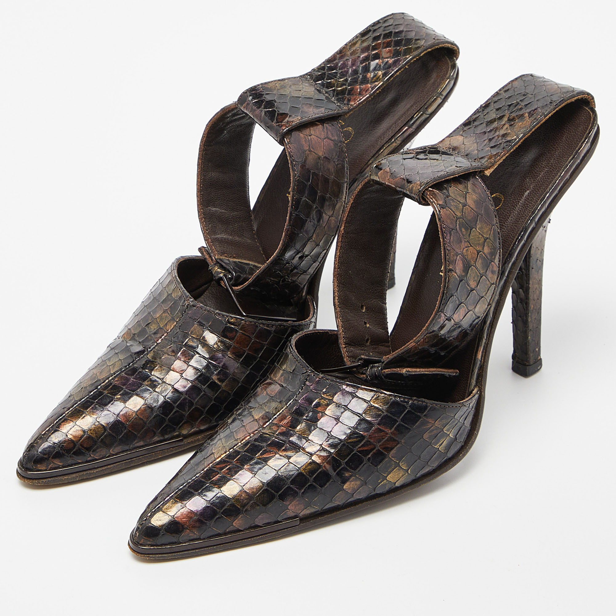 Gucci Brown Python Pointed Toe Ankle Strap Sandals Size 36