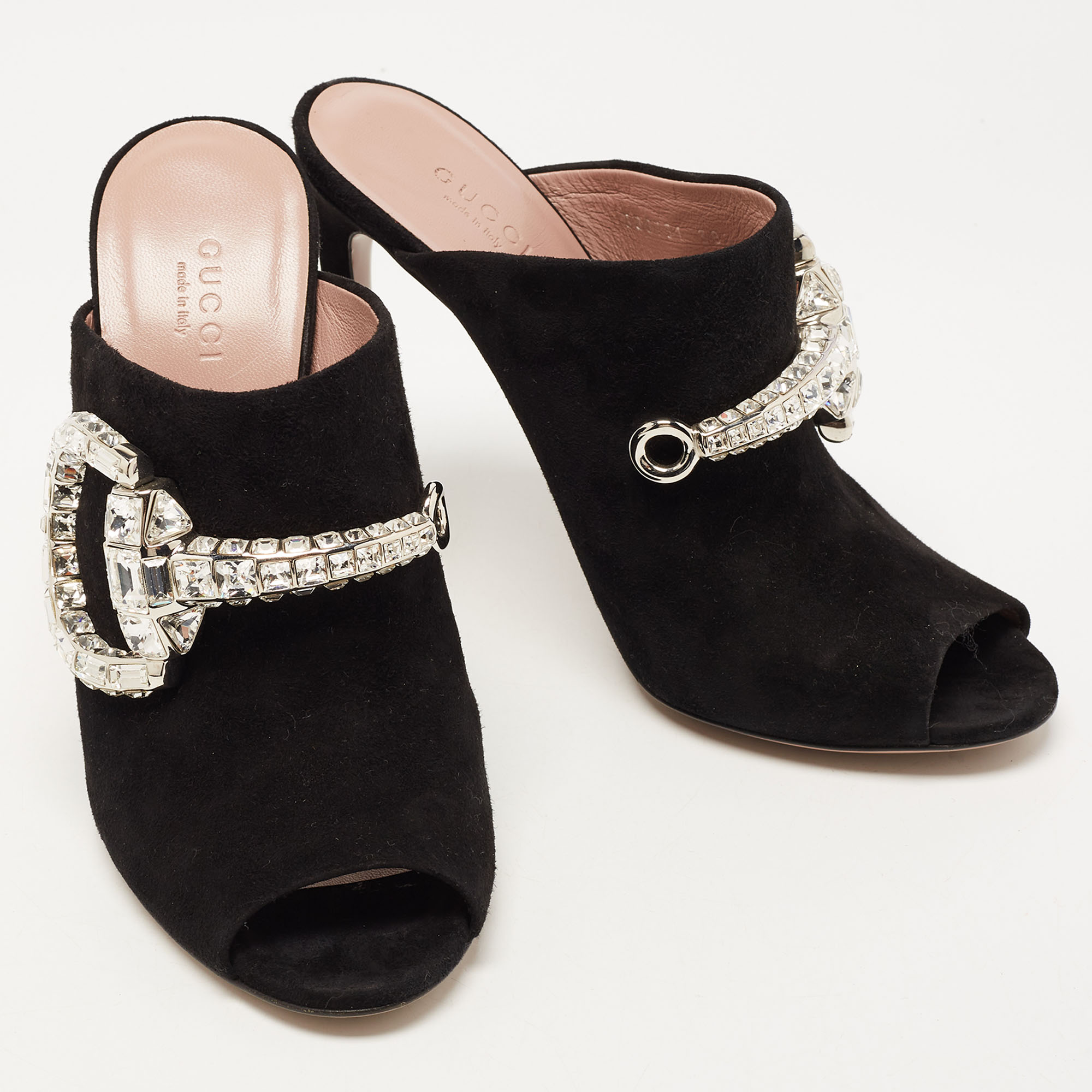 Gucci Black Suede Maxime Crystals Embellished Open Toe Slide Sandals Size 38.5