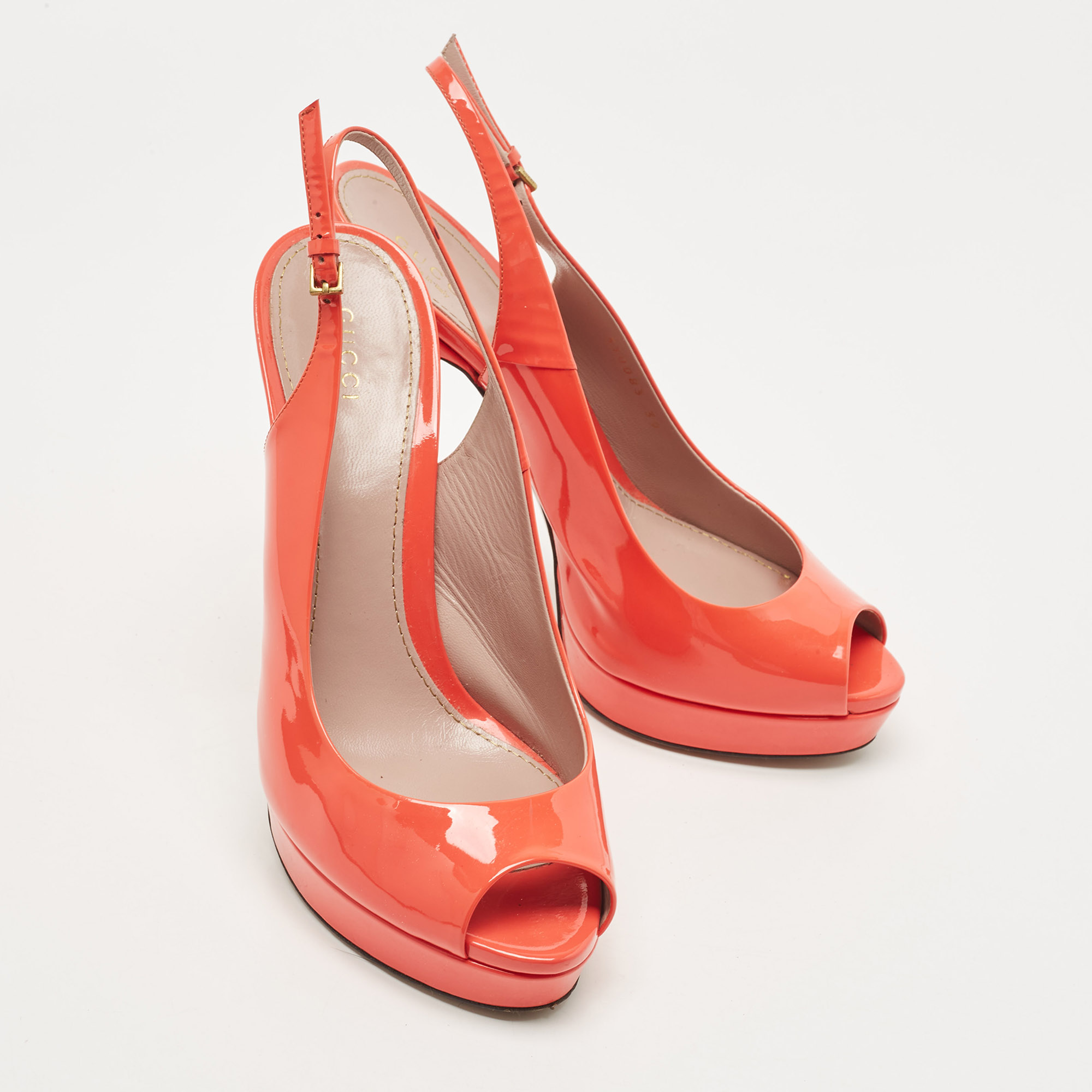 Gucci Orange Patent Leather Peep Toe Platform Pumps Size 39