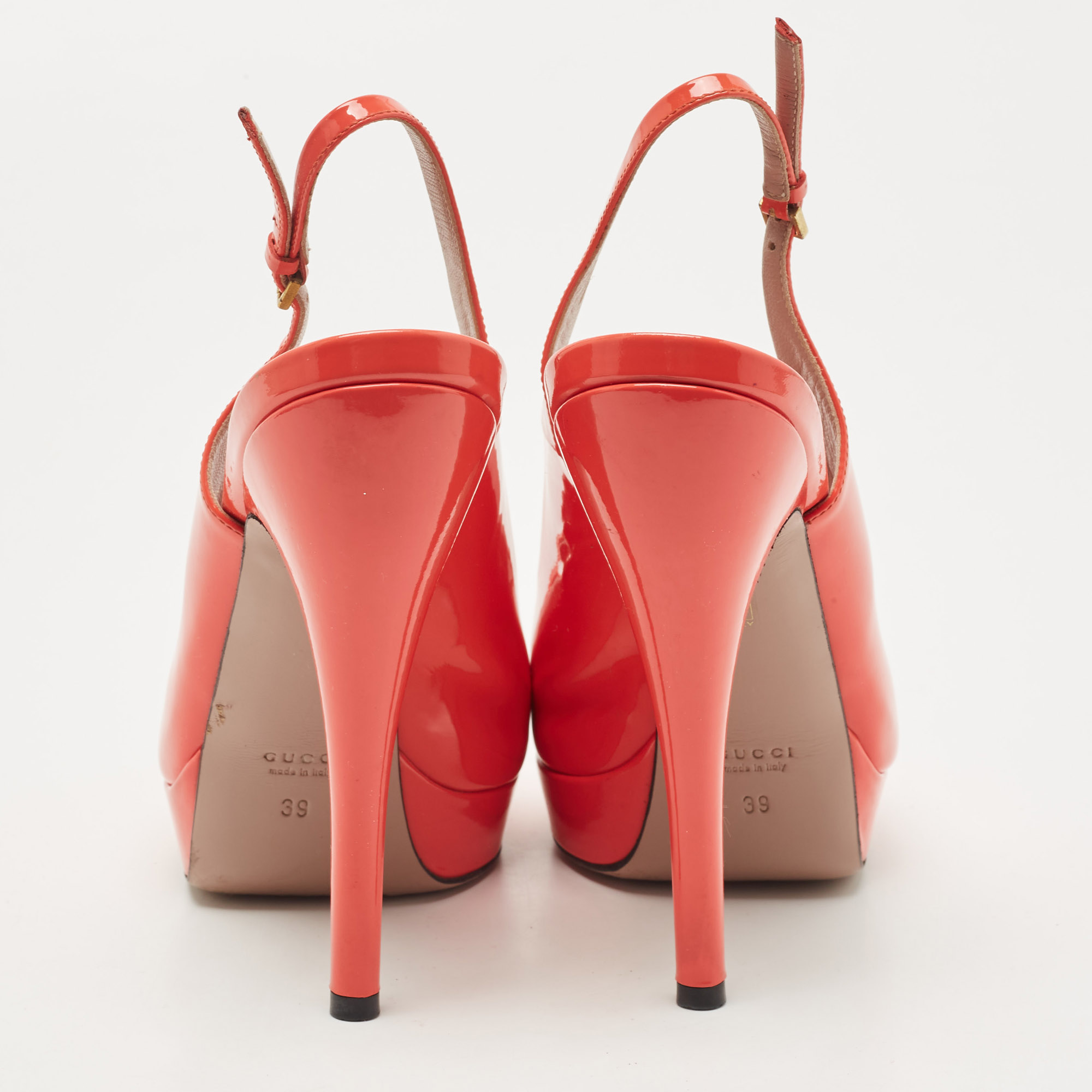 Gucci Orange Patent Leather Peep Toe Platform Pumps Size 39