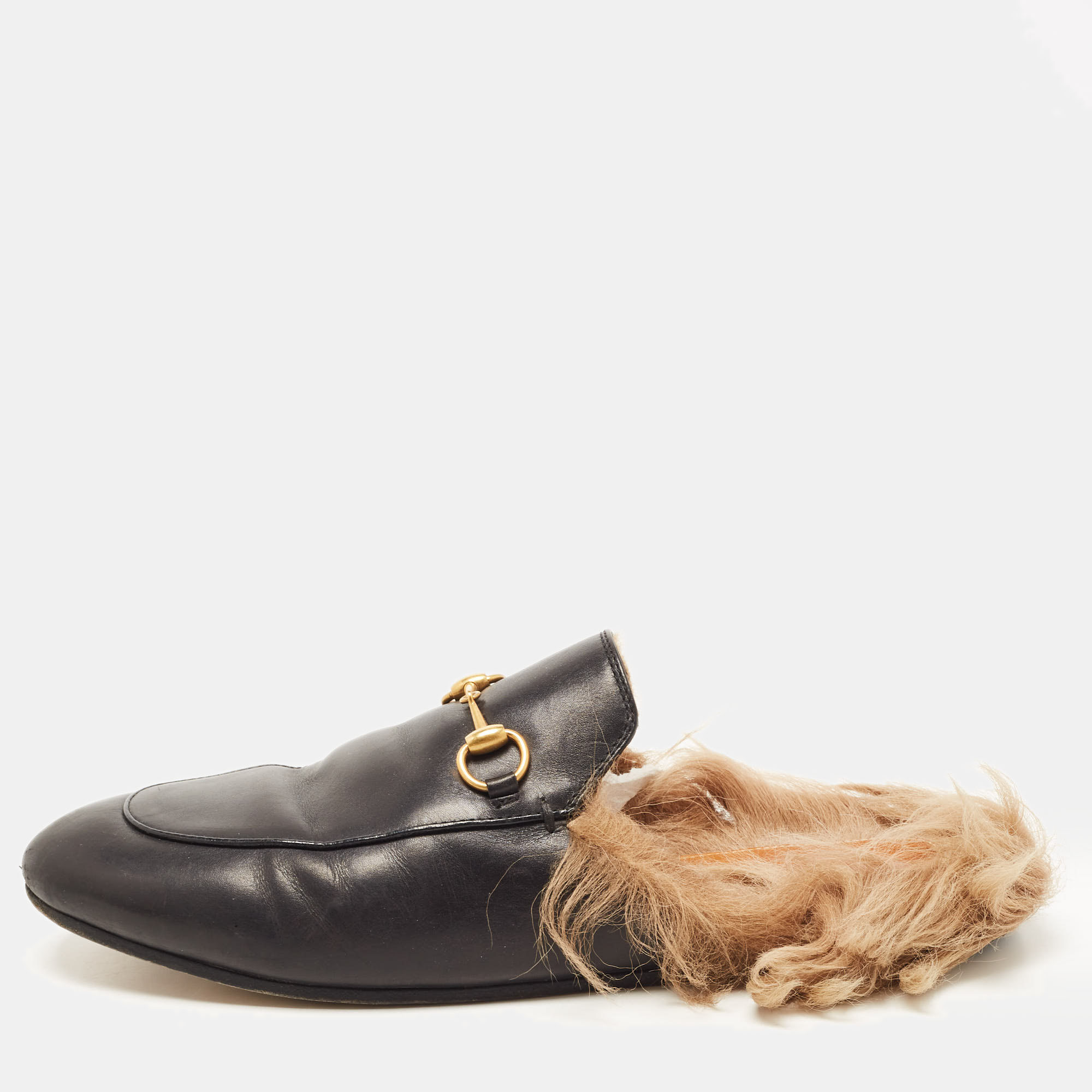 Gucci Black Leather And Fur Princetown Flat Mules Size 40