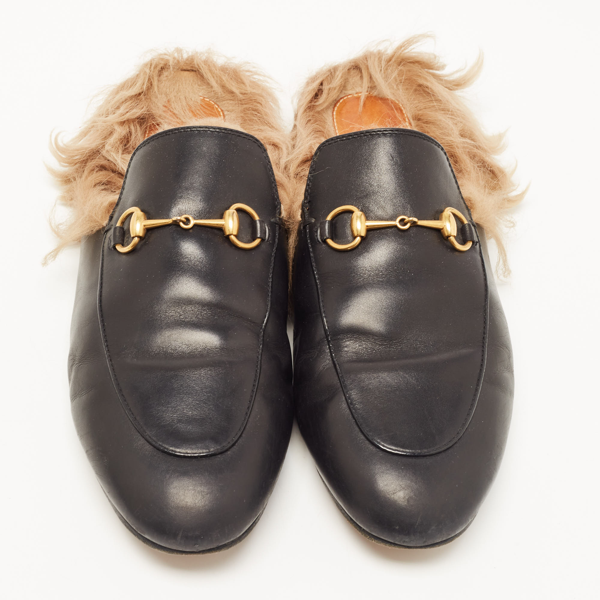 Gucci Black Leather And Fur Princetown Flat Mules Size 40