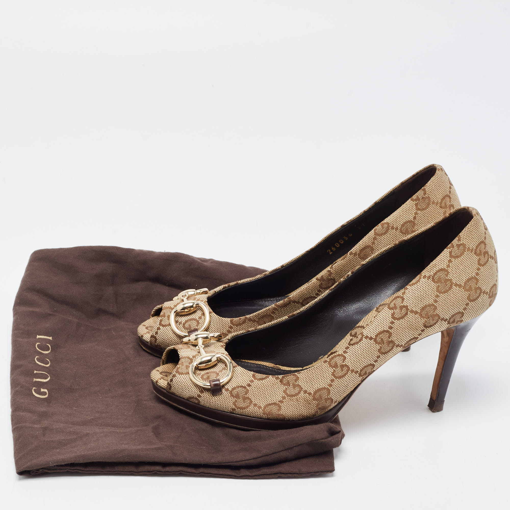 Gucci Beige Canvas Peep Toe Hollywood Pumps Size 37