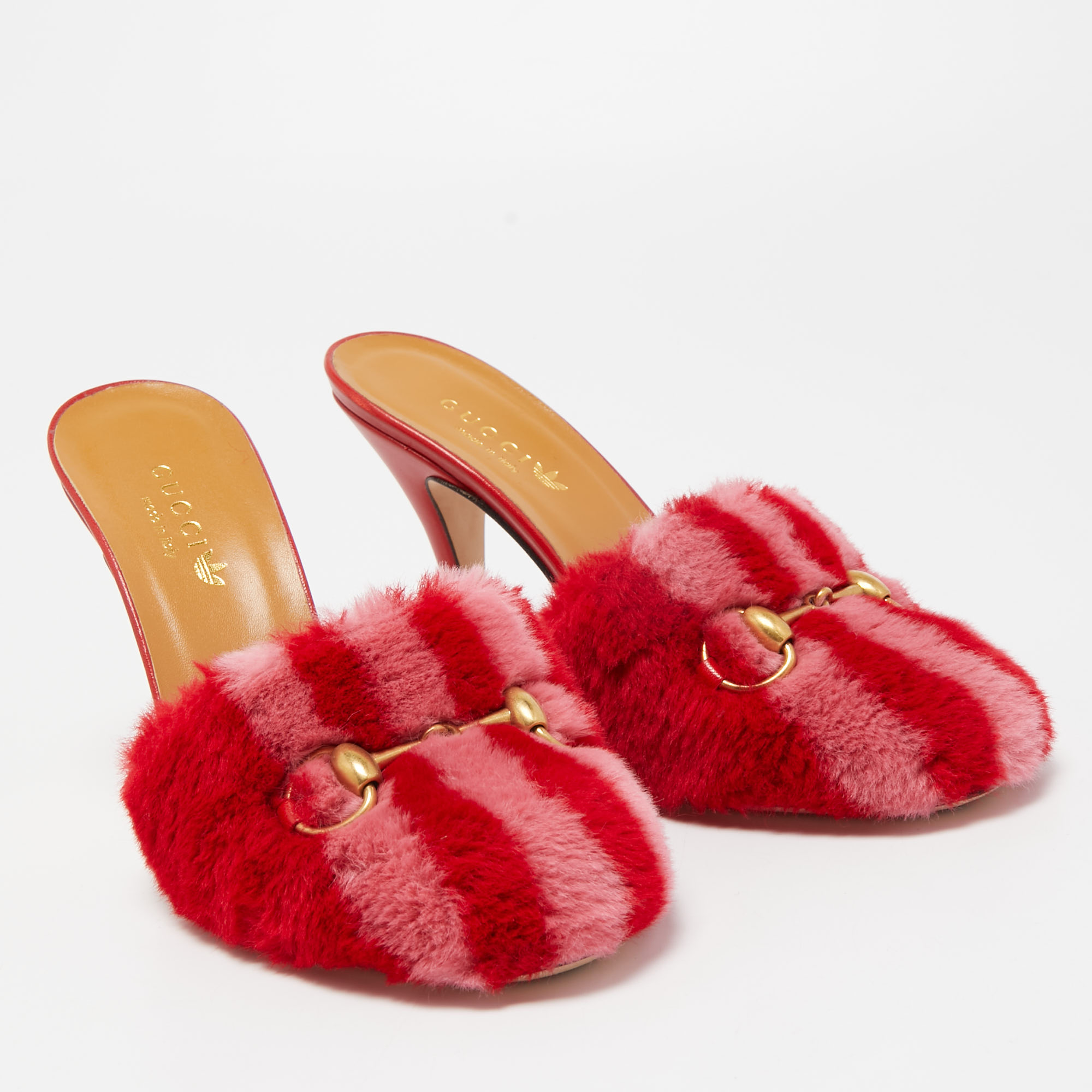 Gucci X Adidas Red/Pink Shearling Fur Horsebit Mules Size 36.5