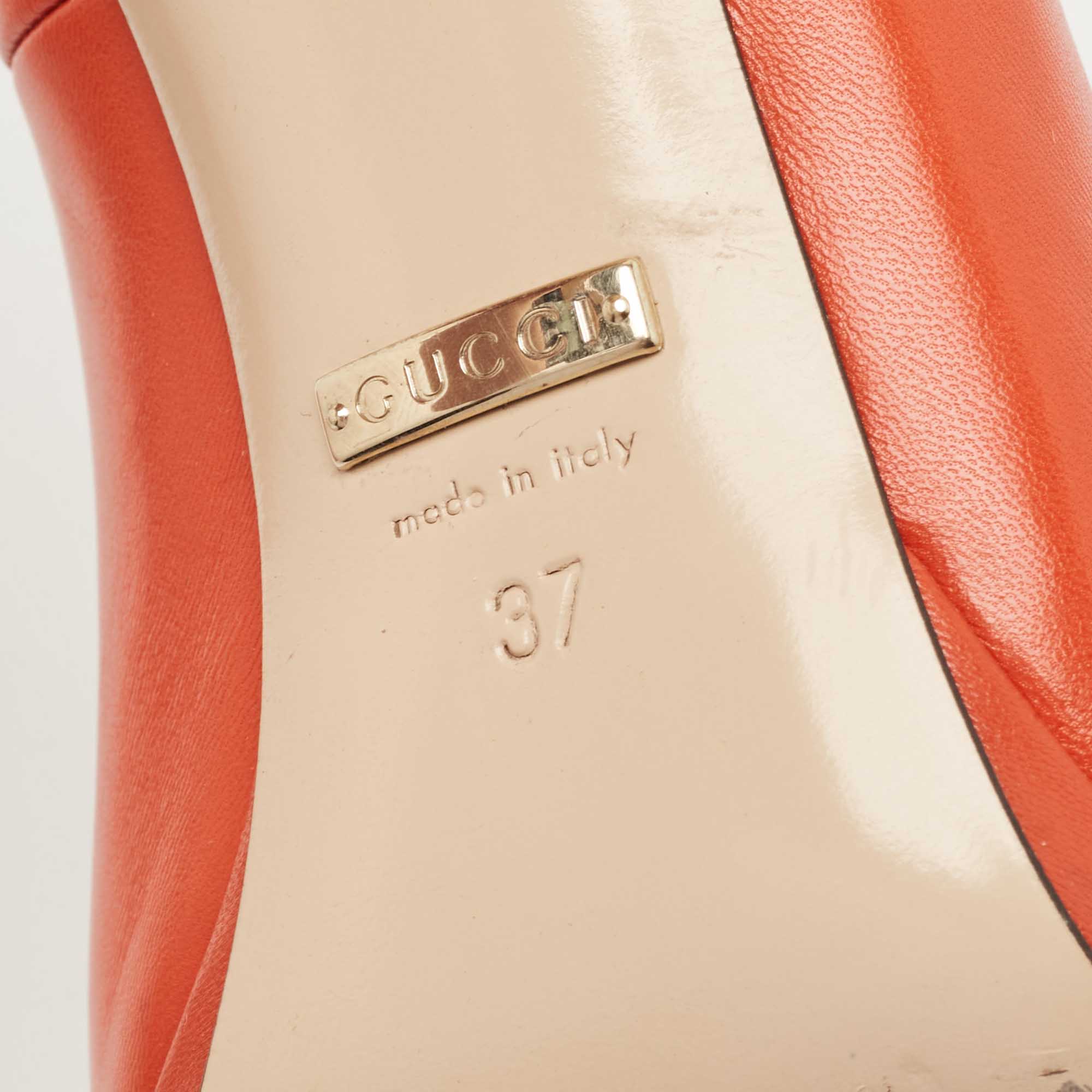 Gucci Orange Leather Hollywood Horsebit Peep Toe  Pumps Size 37