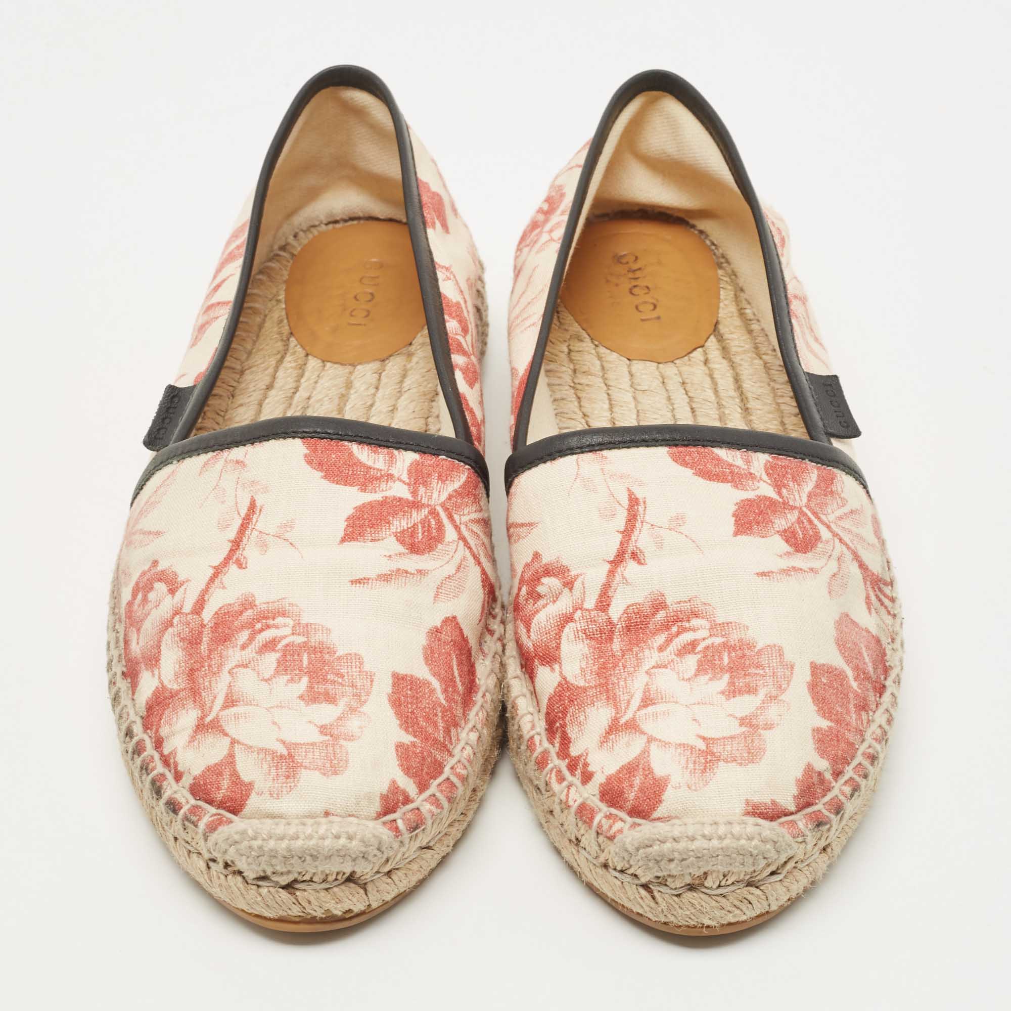 Gucci Beige Floral Printed Fabric Slip On Espradrille Flats Size 38.5