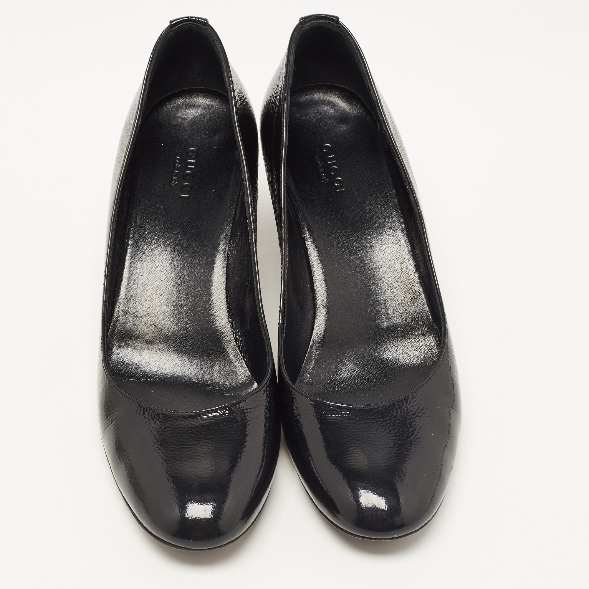 Gucci Black Patent Leather Wedge Round Toe Pumps Size 39