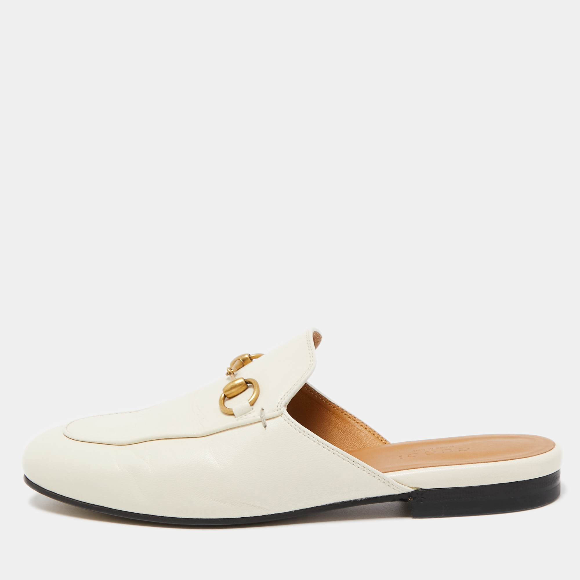 Gucci White Leather Princetown Horsebit Mule Sandals Size 35.5