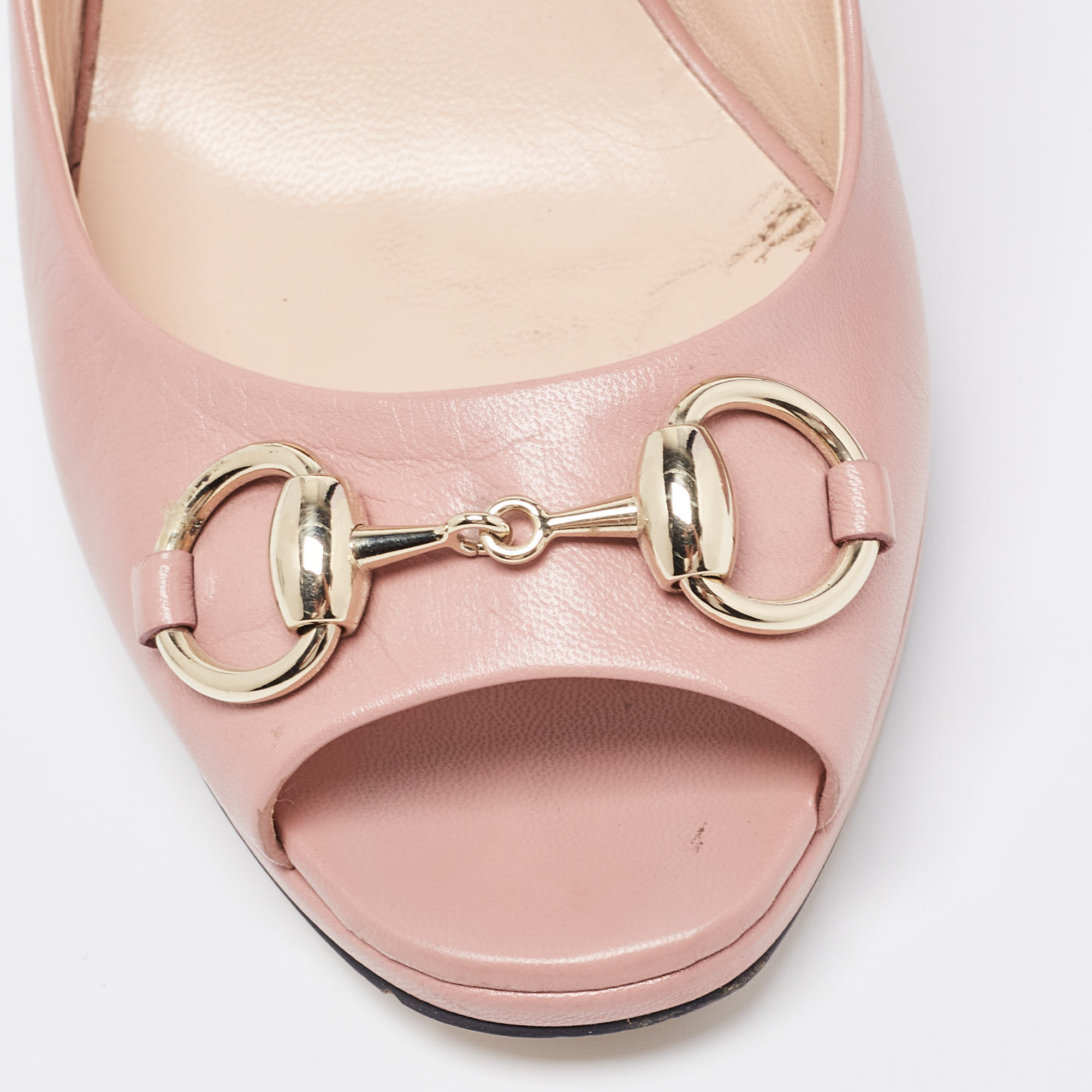 Gucci Pink Leather Jolene Horsebit Peep Toe Pumps Size 37.5