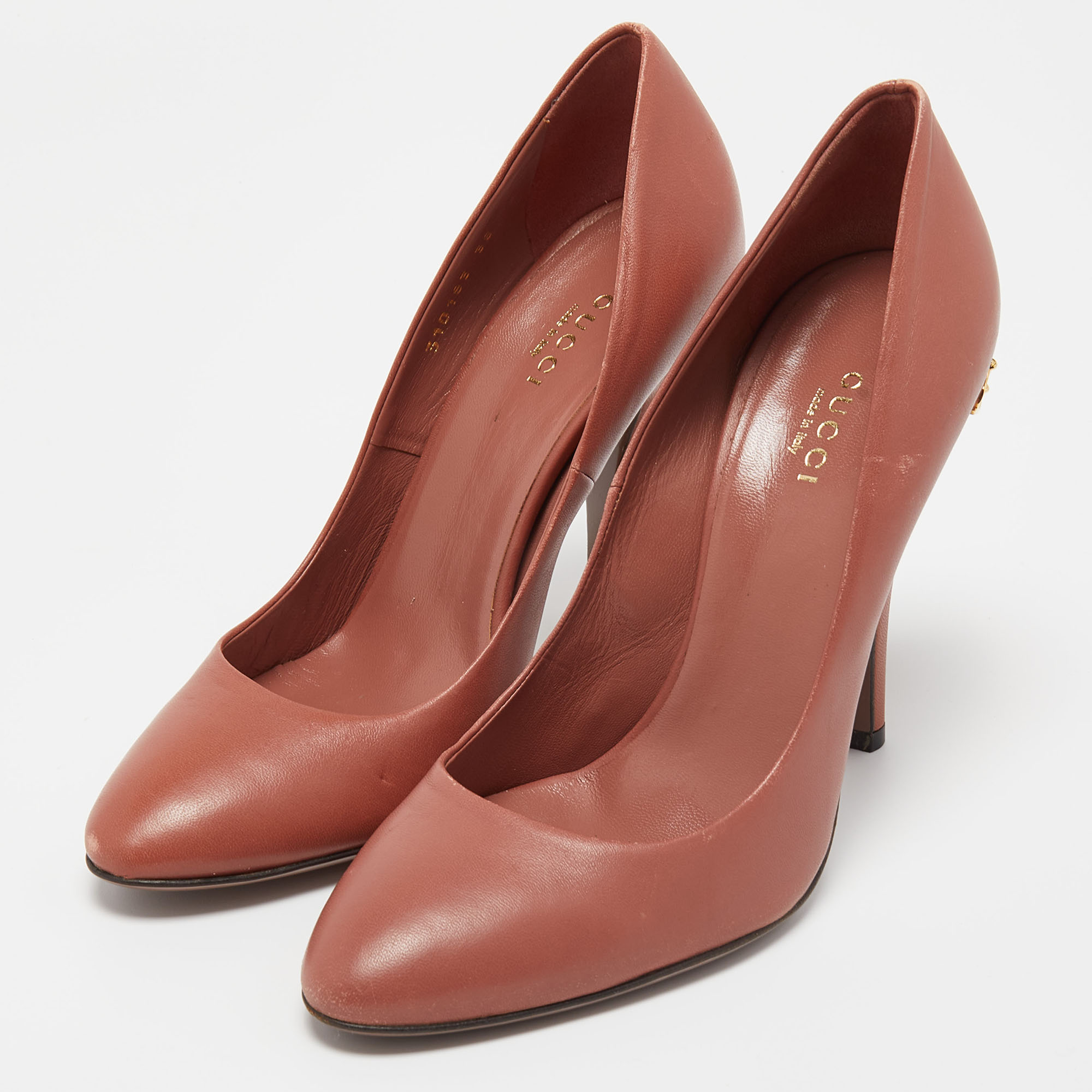 Gucci Brown Leather Horsebit GG Round Toe Pumps Size 38