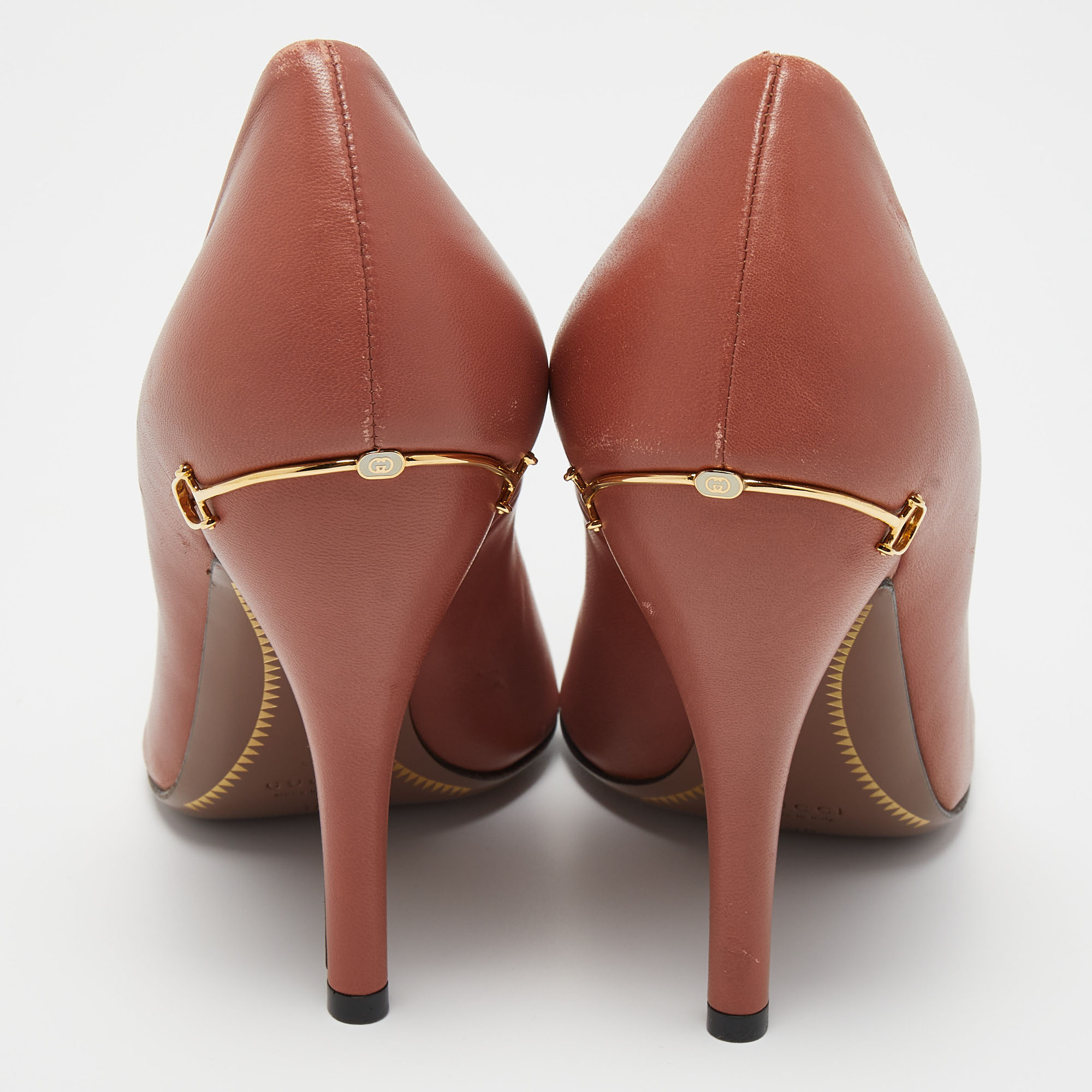 Gucci Brown Leather Horsebit GG Round Toe Pumps Size 38