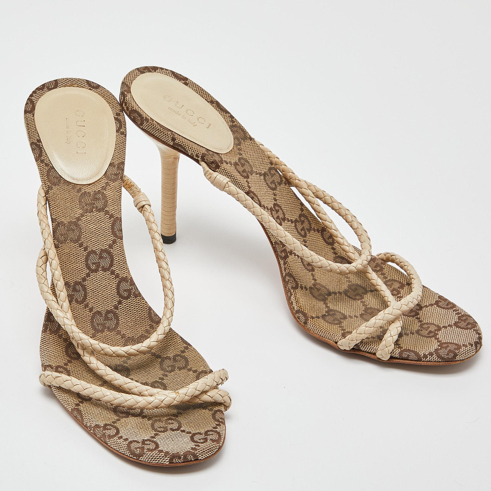 Gucci Cream Braided Leather Cross Strap Slide Sandals Size 38.5