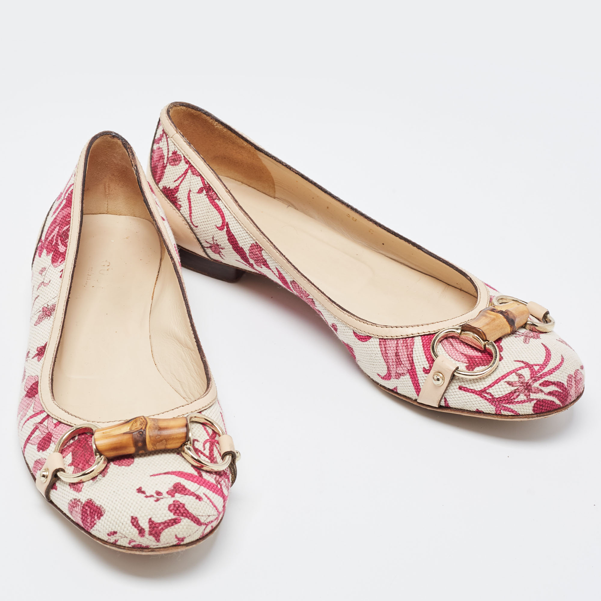 Gucci Multicolor Flora Canvas And Leather Bamboo Bit Ballet Flats Size 38