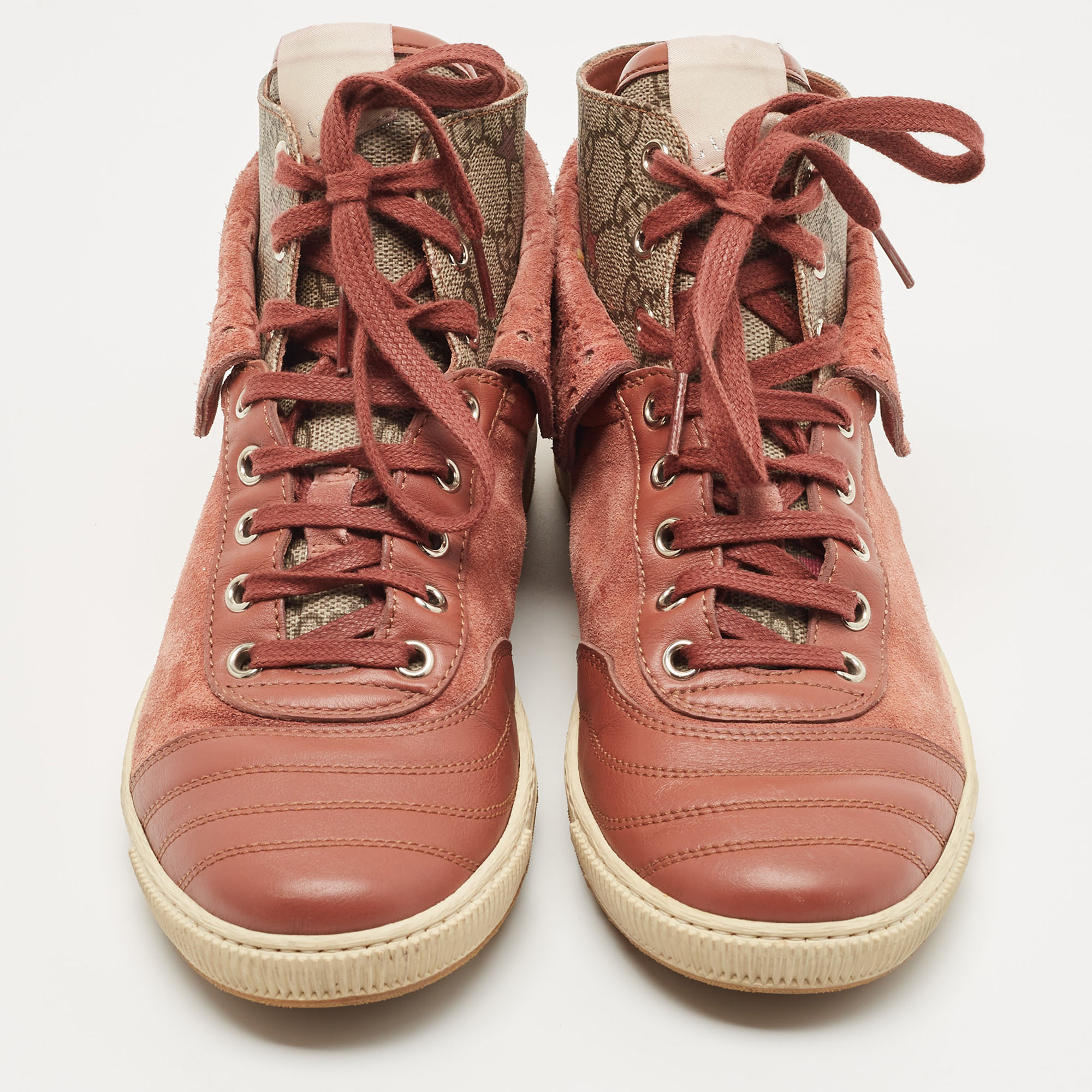 Gucci Pink Leather And Suede High Top Sneakers Size 38