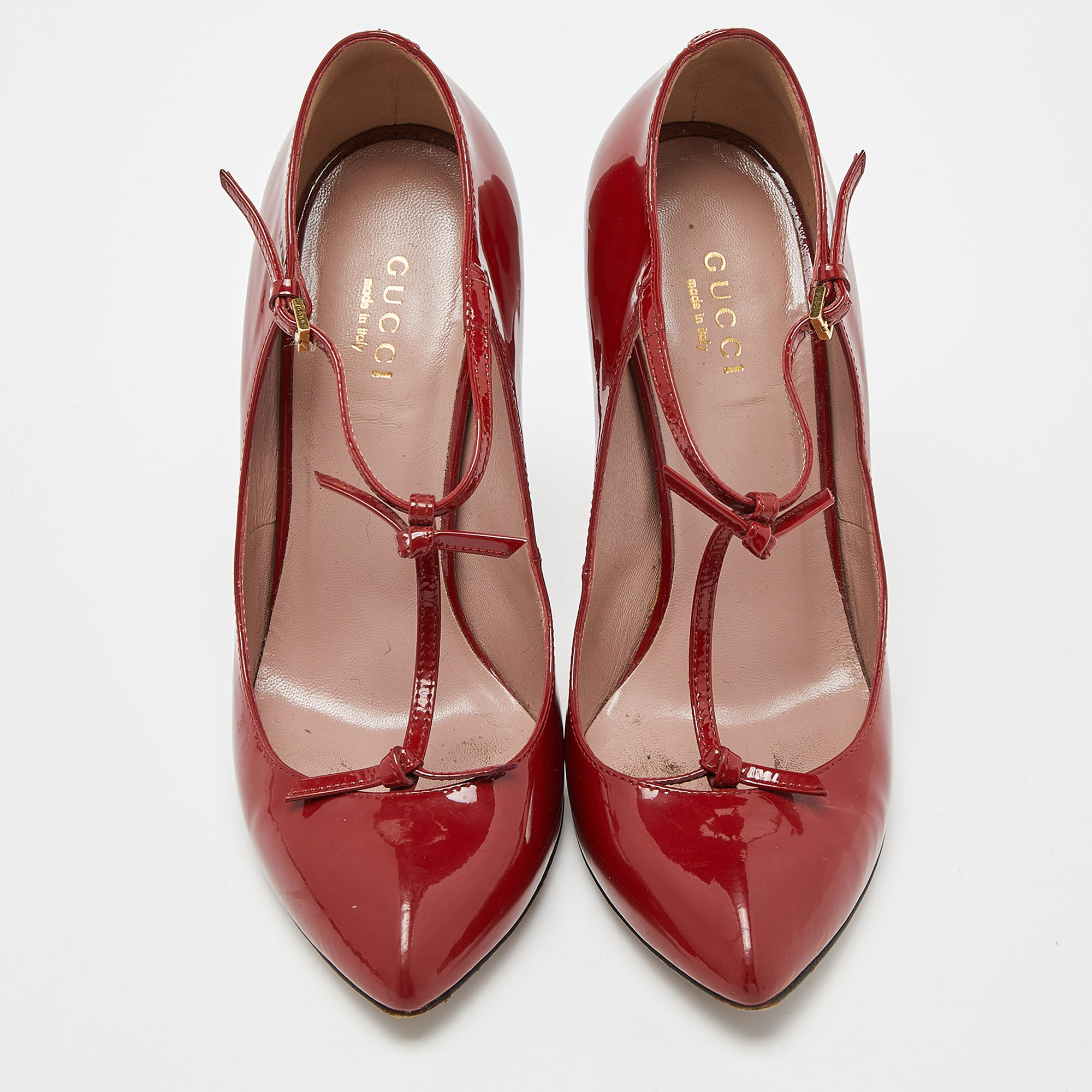 Gucci Red Patent Leather Knotted Bow T-Strap Pumps Size 36