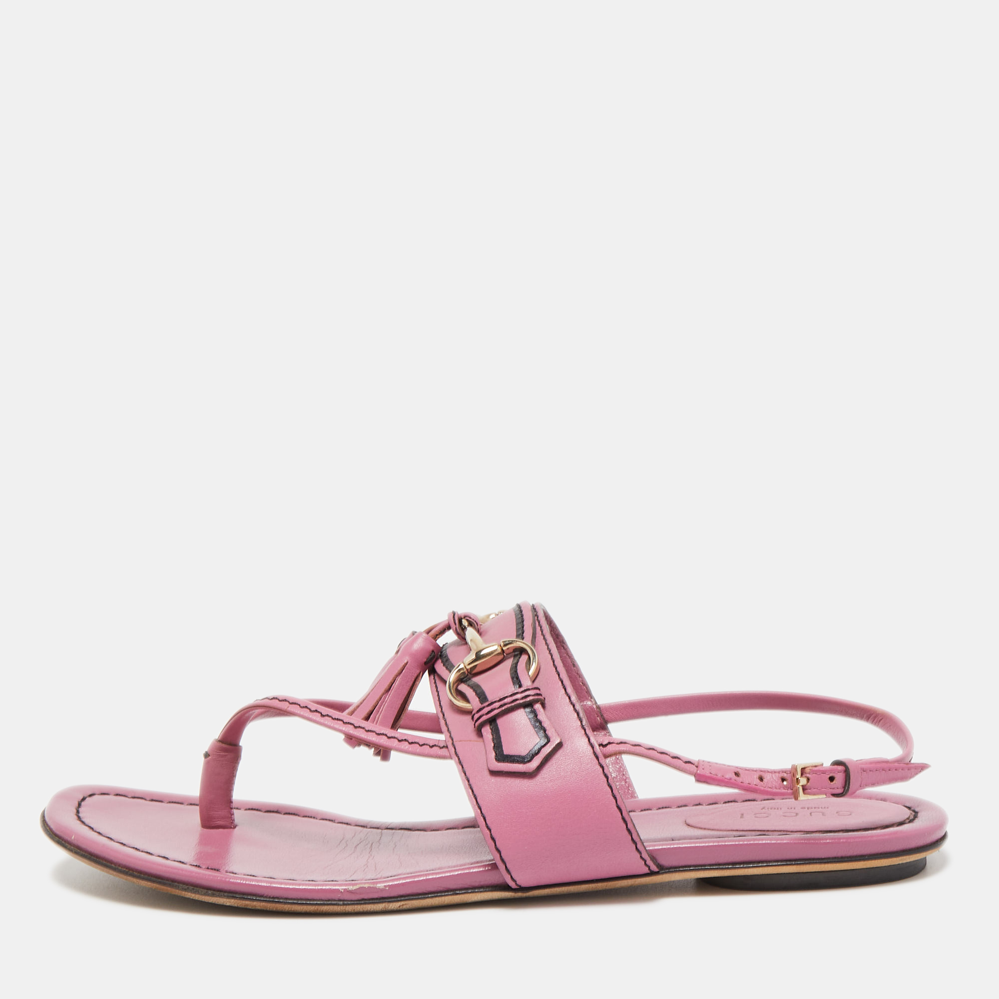 Gucci Pink Leather Tassel Horsebit Thong Flat Sandals Size 37