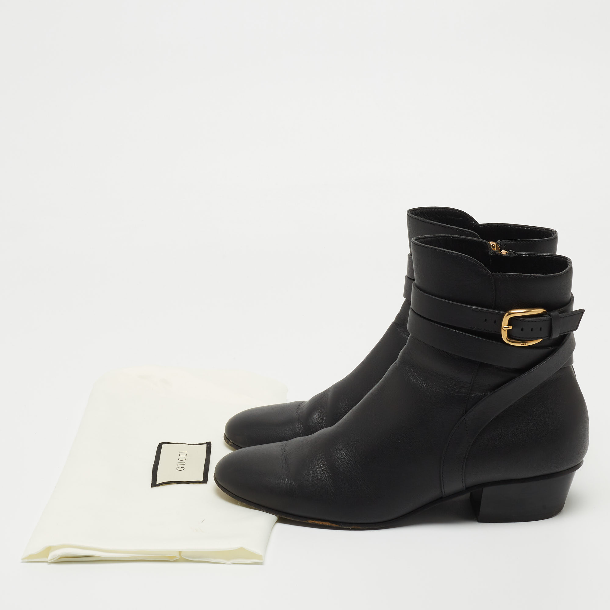 Gucci Black Leather Buckle Detail Ankle Booties Size 36.5