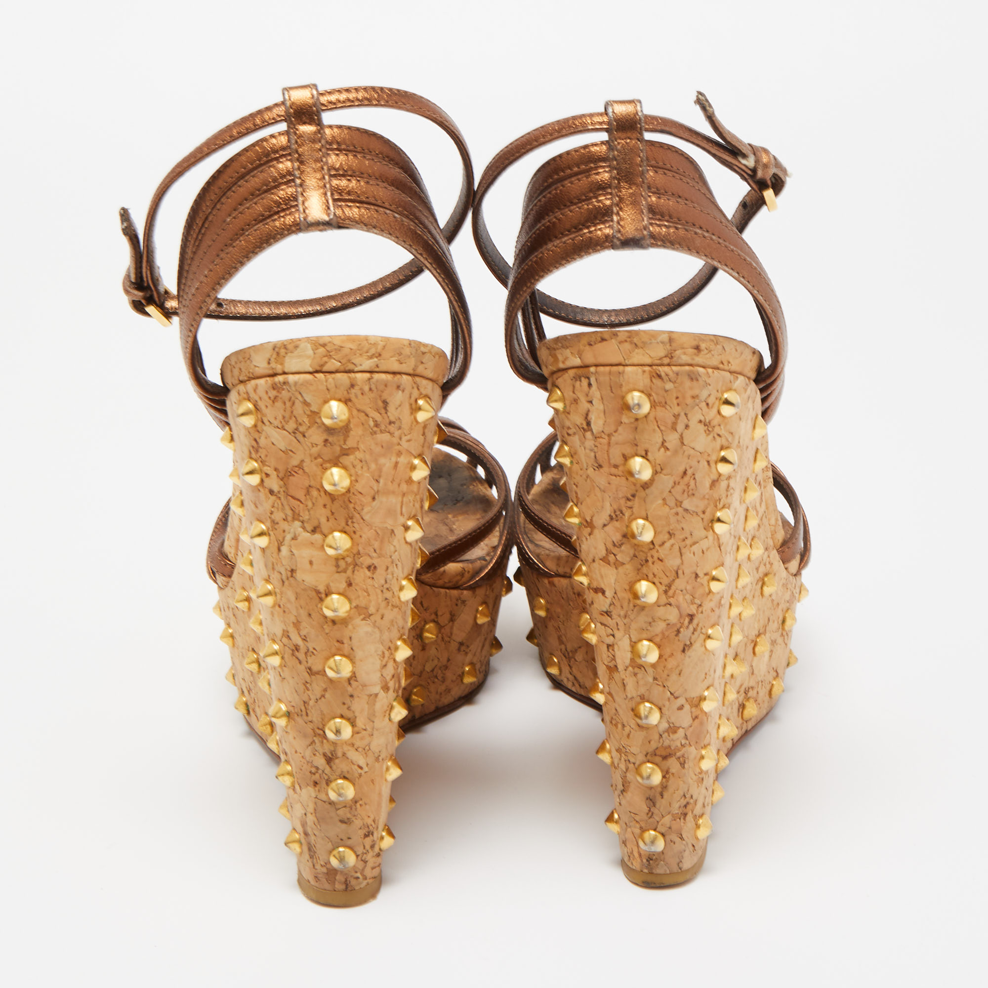 Gucci Metallic Leather Studded Cork Wedge Platform Strappy Sandals Size 38