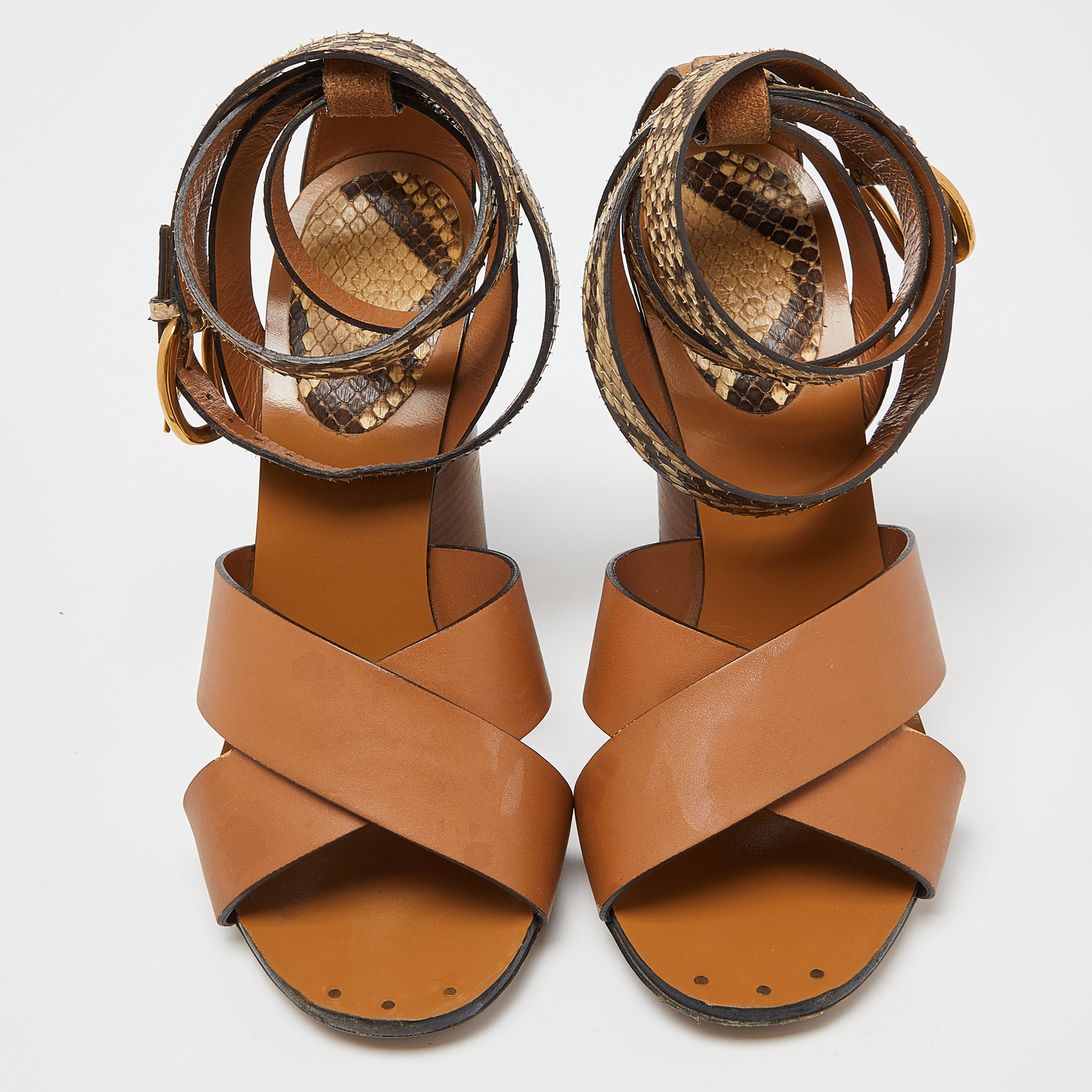 Gucci Brown Python And Leather Crisscross Ankle Strap Sandals Size 35