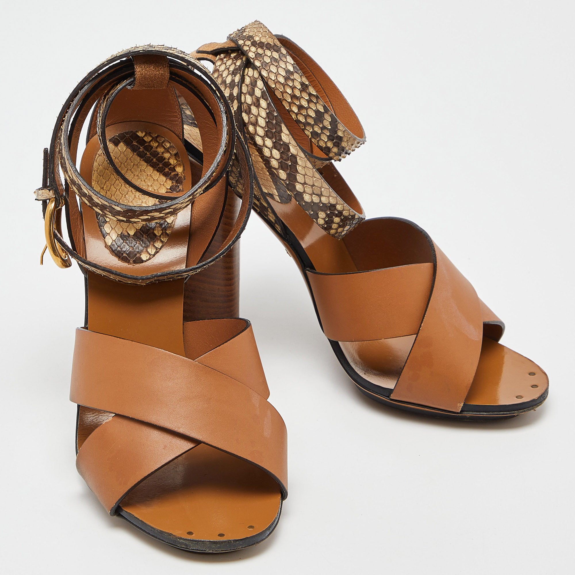 Gucci Brown Python And Leather Crisscross Ankle Strap Sandals Size 35