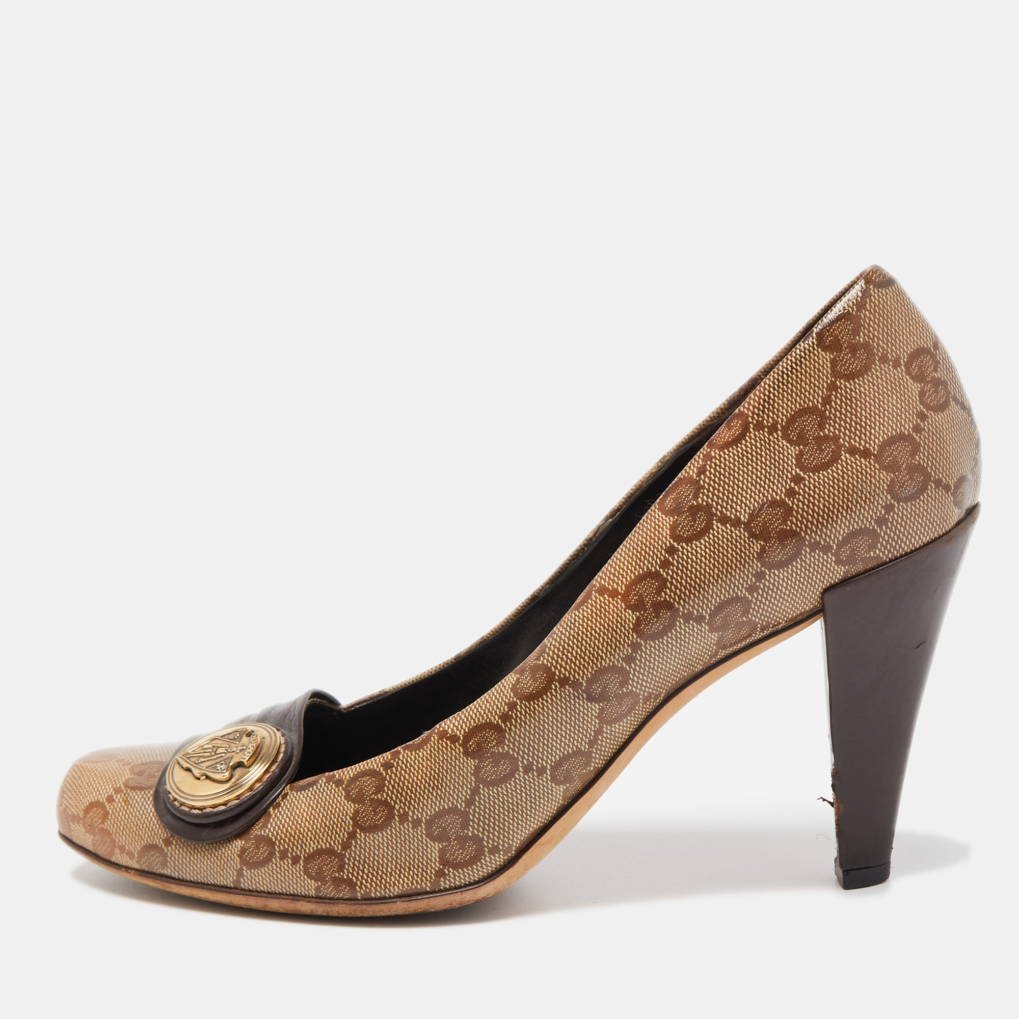 Gucci brown/beige gg supreme canvas and leather hysteria pumps size 39