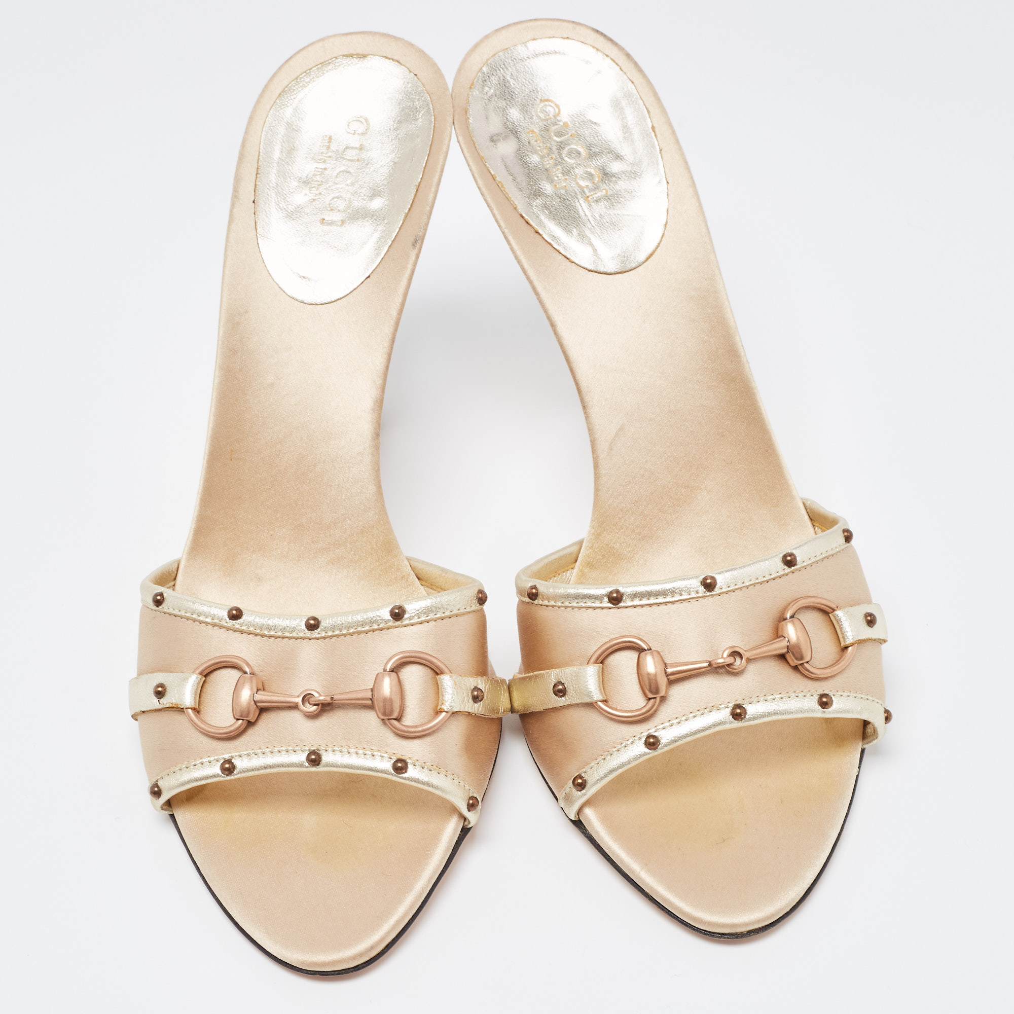 Gucci Gold Satin And Studded Leather Horsebit Slide Sandals Size 37