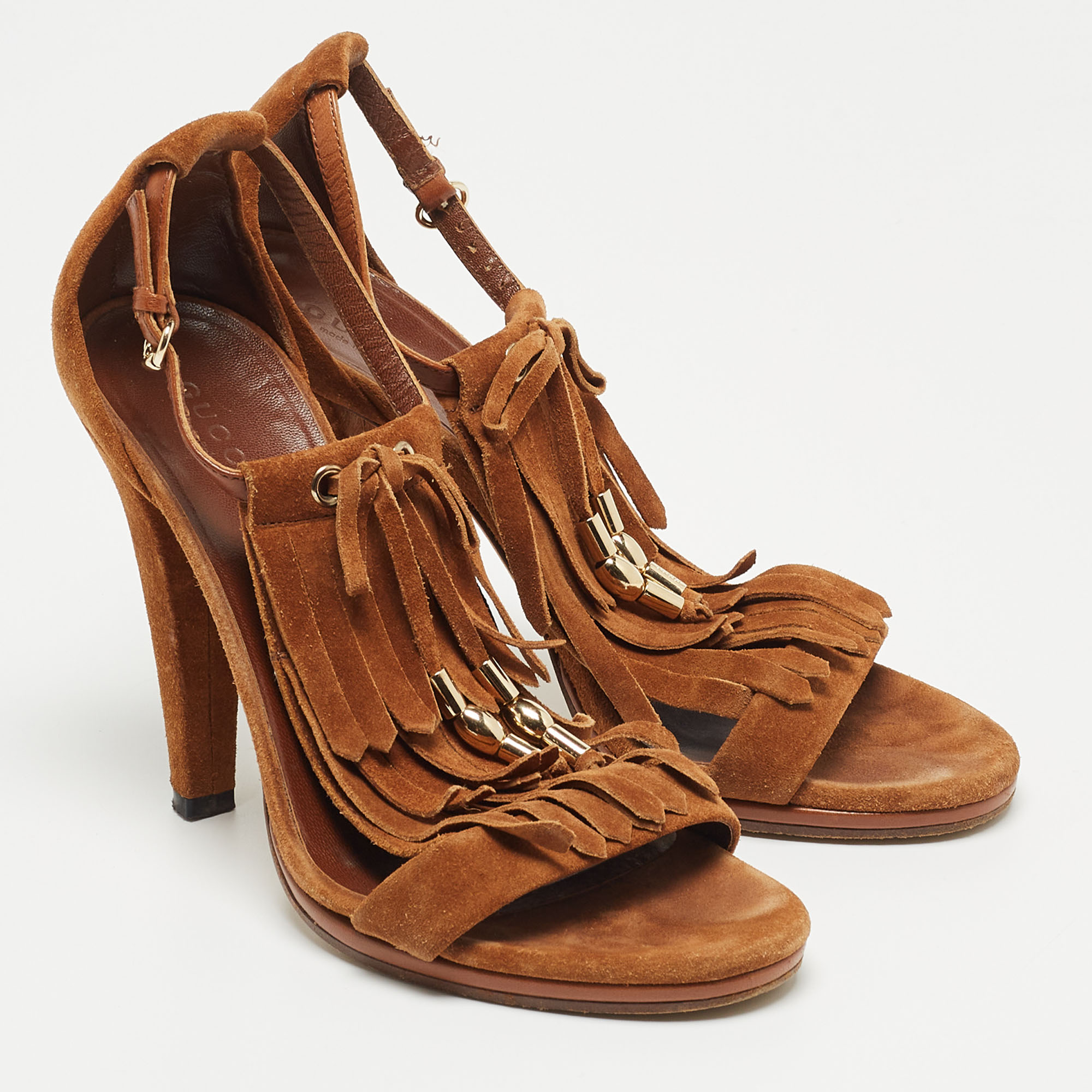 Gucci Brown Suede Fringe Bow Ankle Strap Sandals Size 36