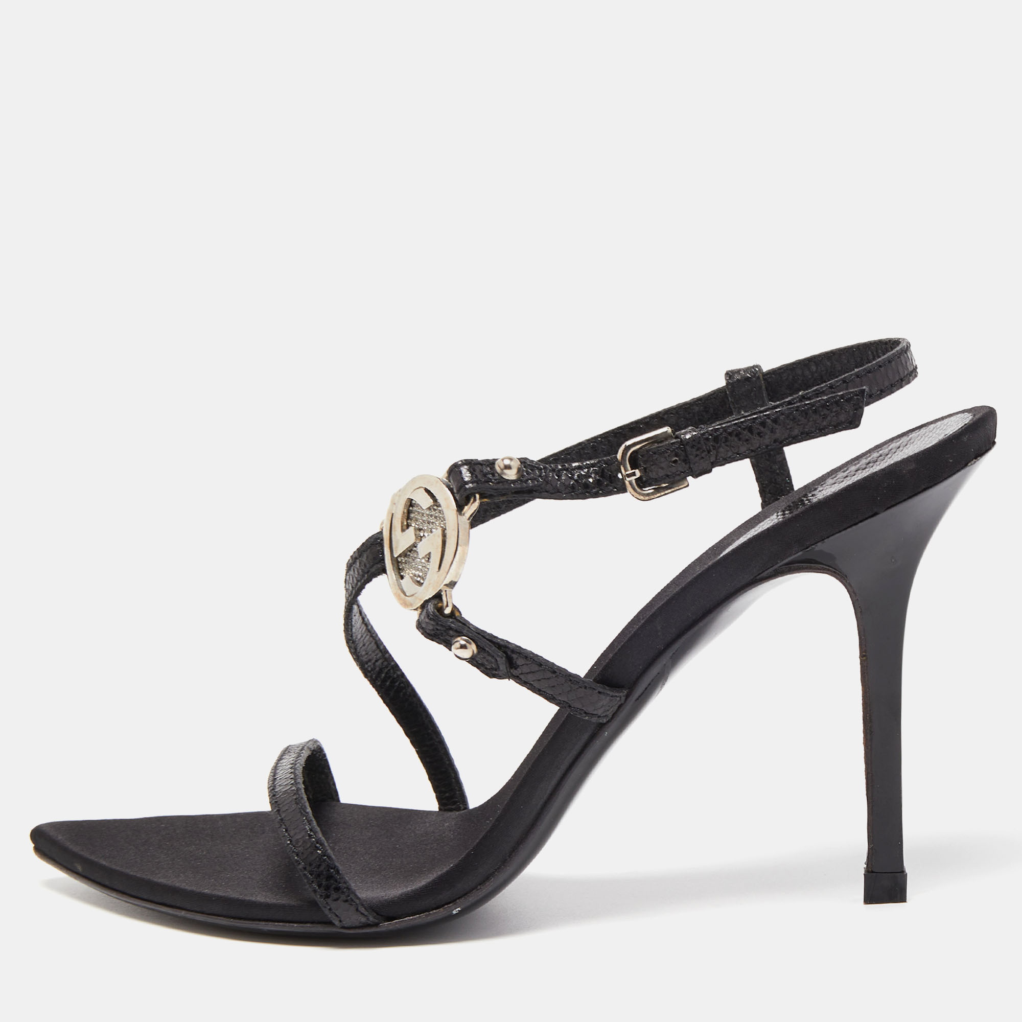 Gucci Black Lizard Embossed And Satin Chain Link Accents Ankle Sandals Size 37
