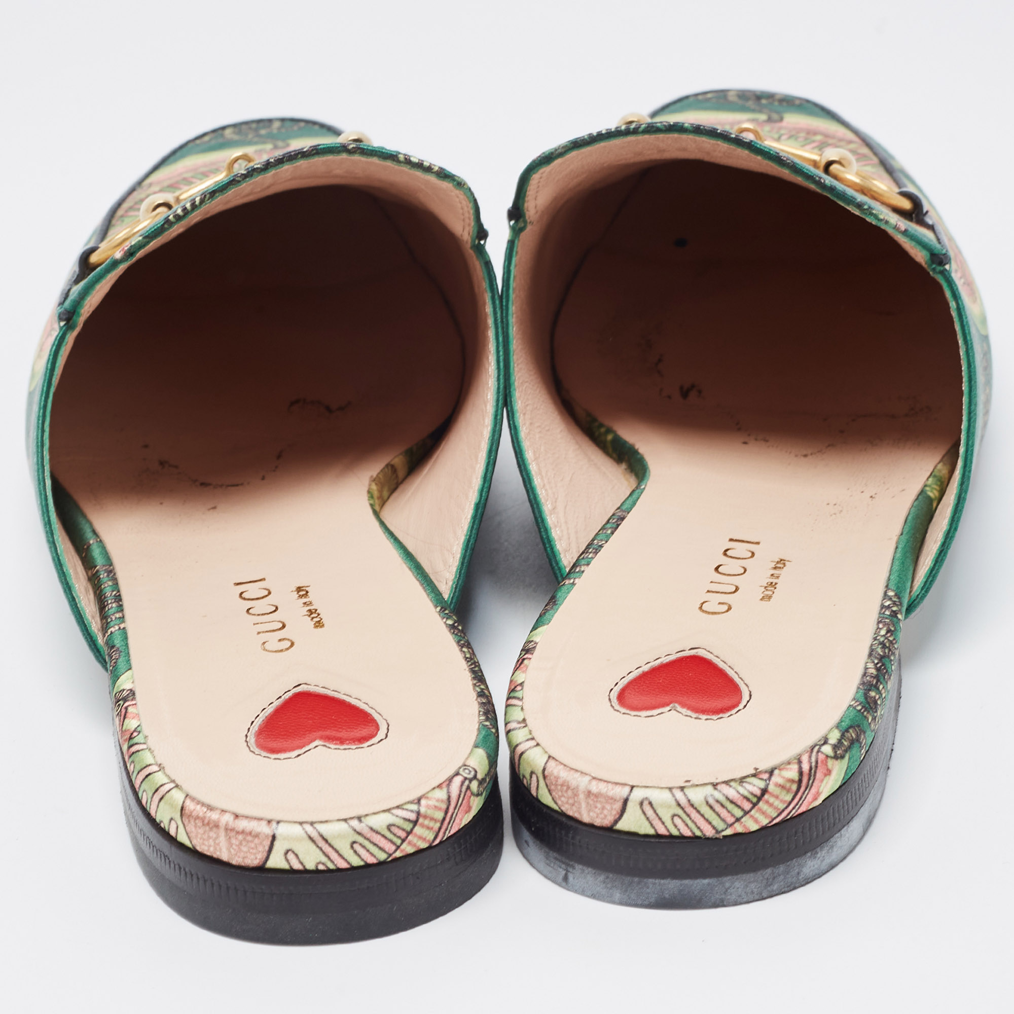 Gucci Green Printed Satin Princetown Mules Size 37