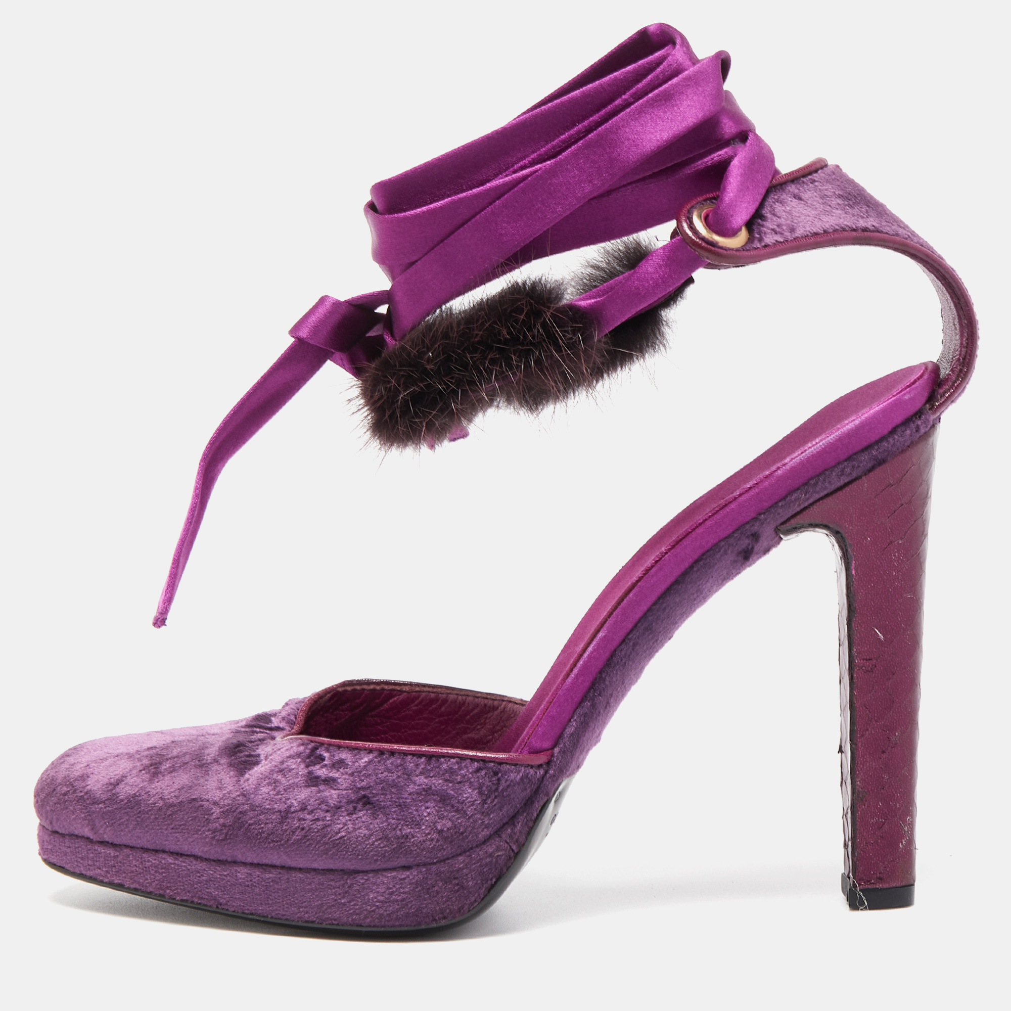 Gucci Purple Velvet And Mink Fur Trim Ankle Tie Pumps Size 37