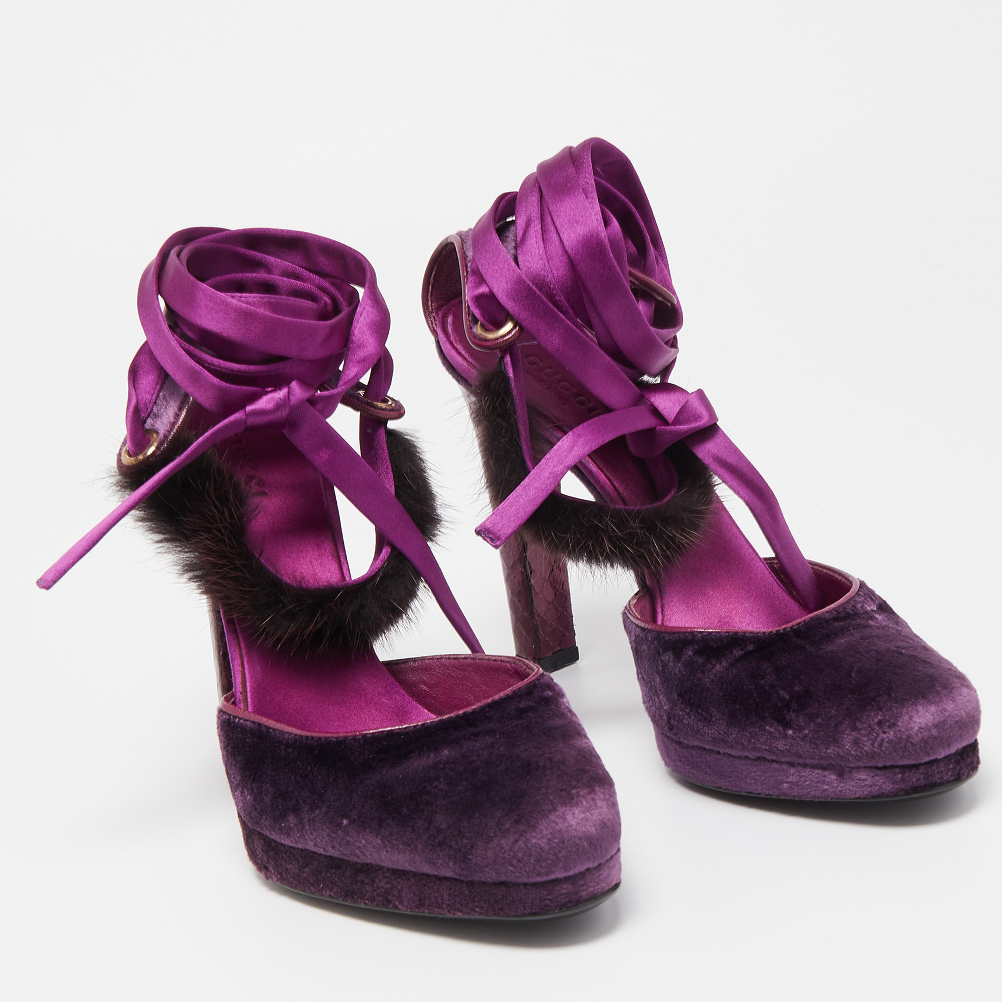 Gucci Purple Velvet And Mink Fur Trim Ankle Tie Pumps Size 37