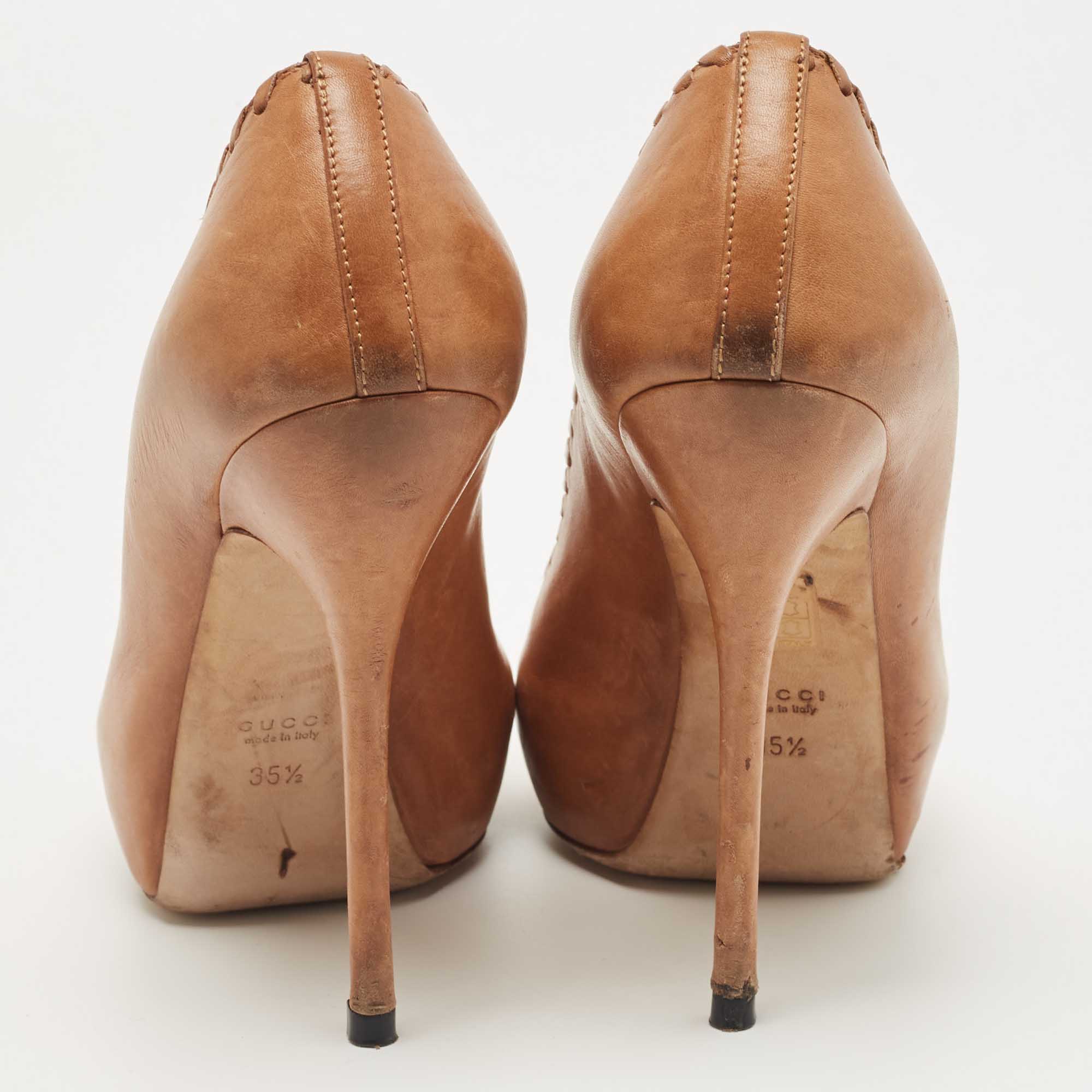 Gucci Tan Leather Whipstitch Peep Toe Pumps Size 35.5