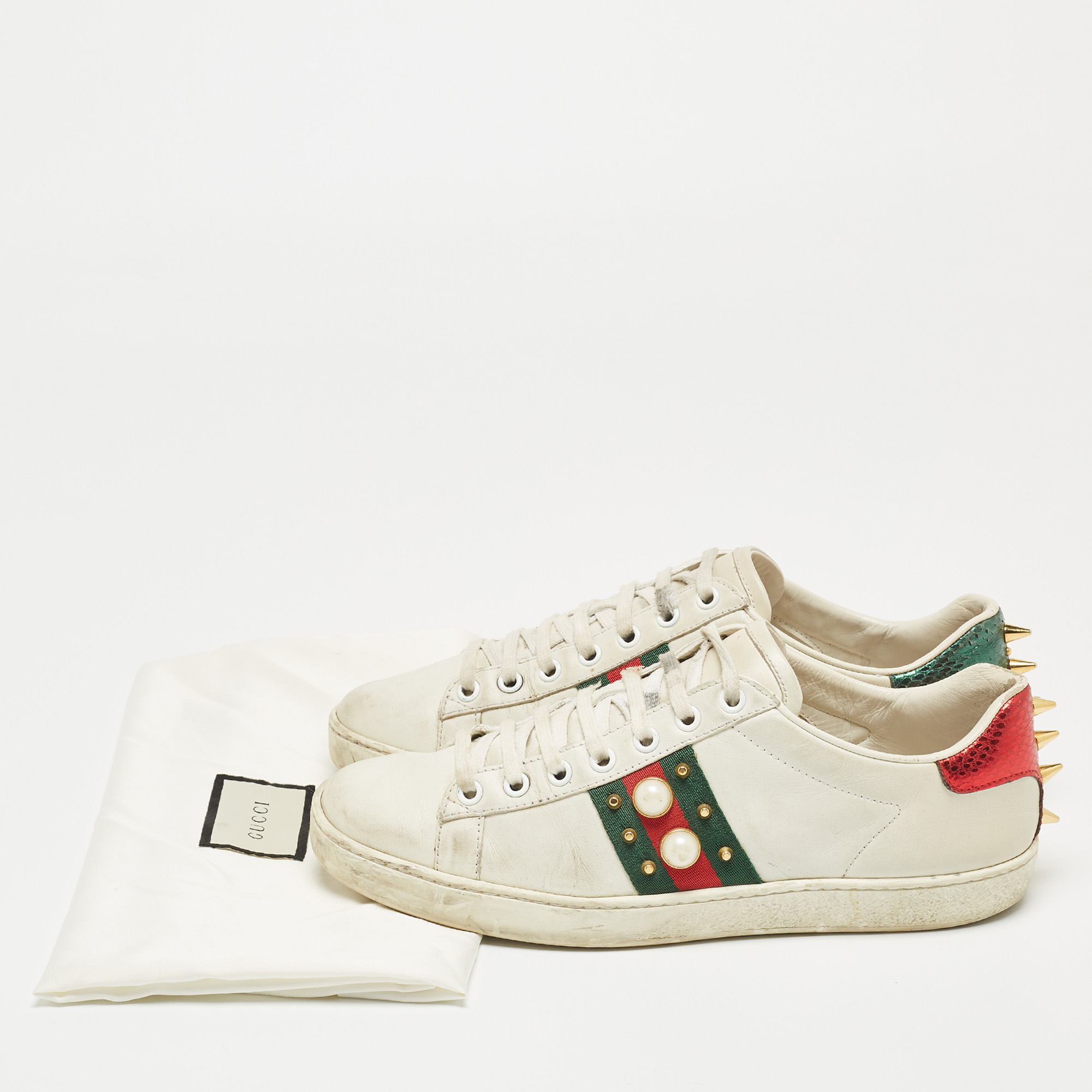 Gucci White Leather Pearl Embellished And Spiked Ace Sneakers Size 38