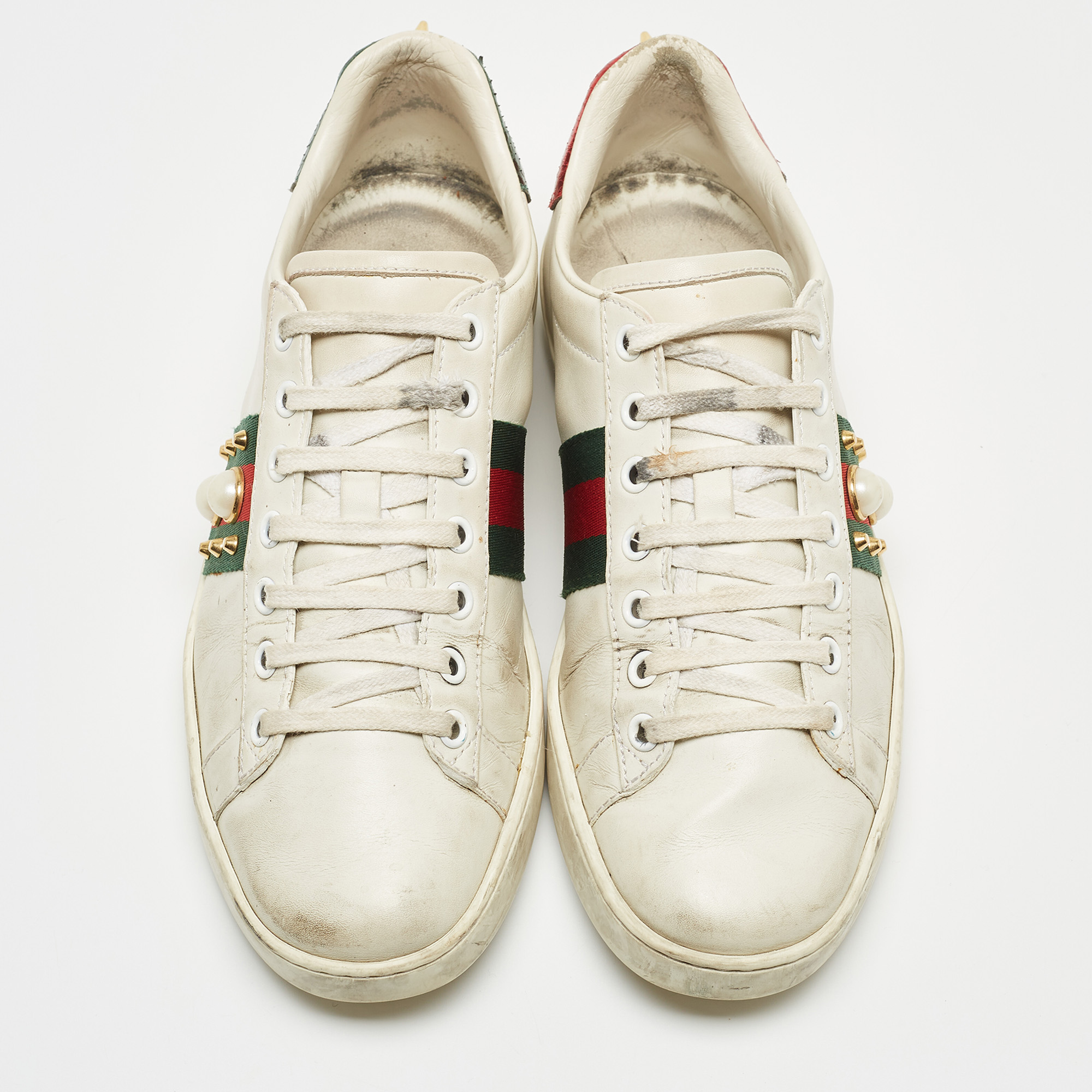Gucci White Leather Pearl Embellished And Spiked Ace Sneakers Size 38