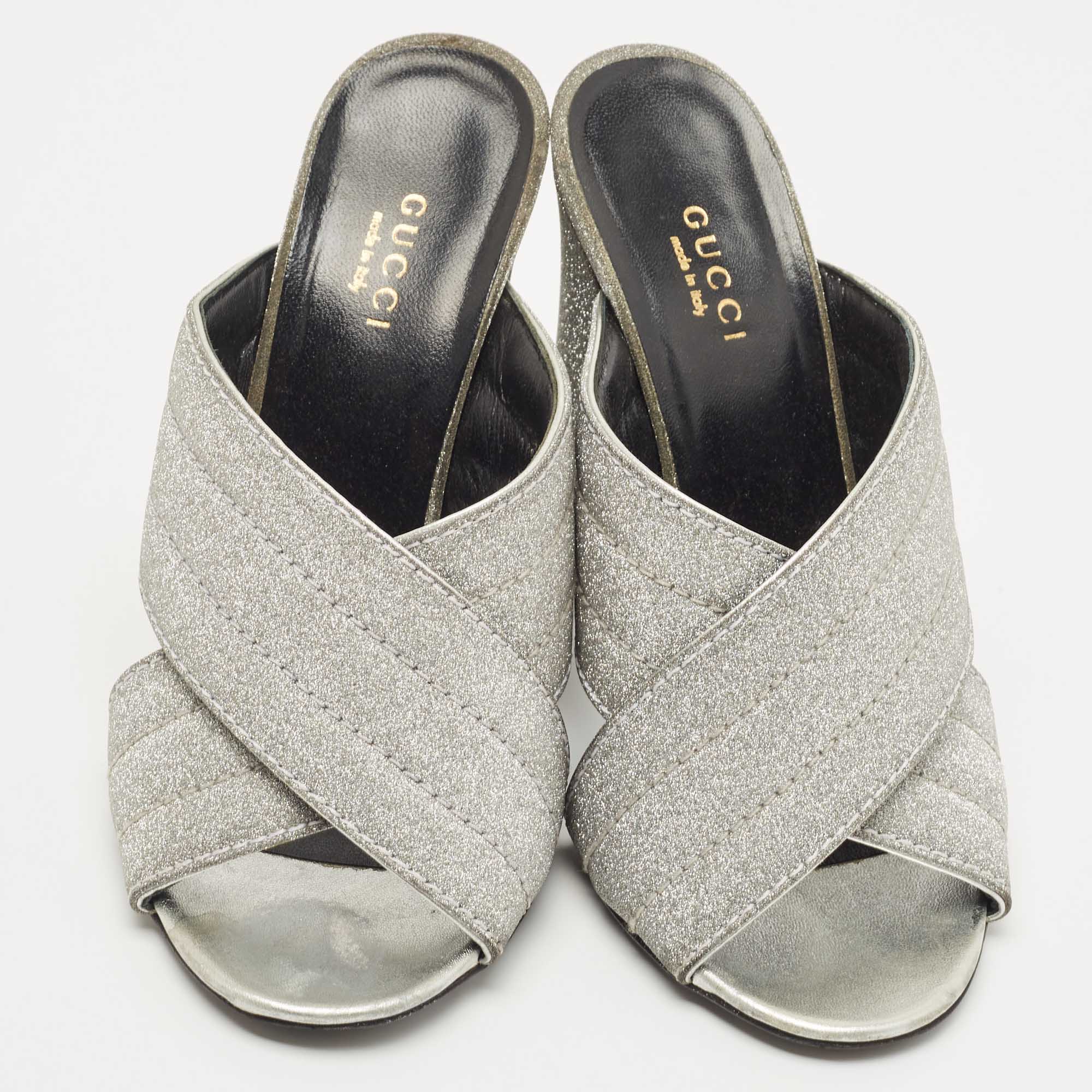 Gucci Silver Glitter Webby Criss Cross Slide Sandals Size 36.5
