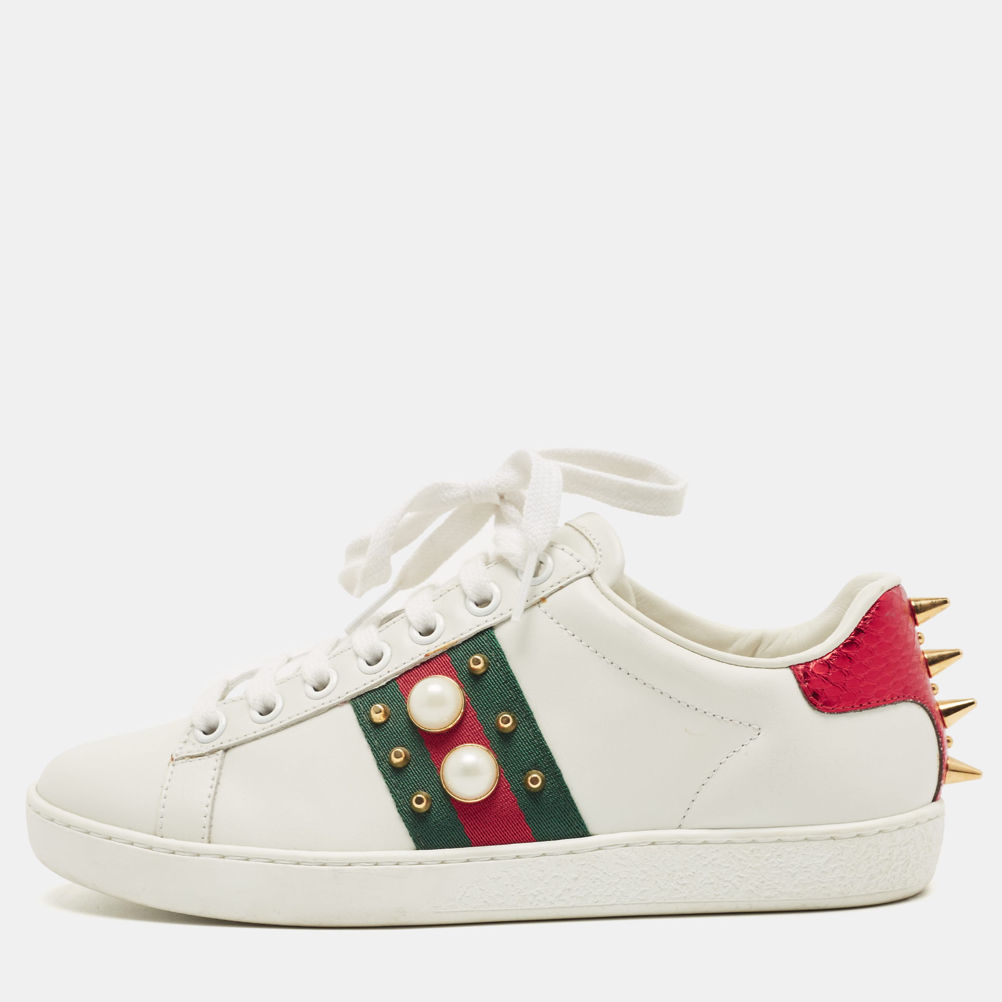 Gucci White Leather Web Ace Low Top Sneakers Size 34