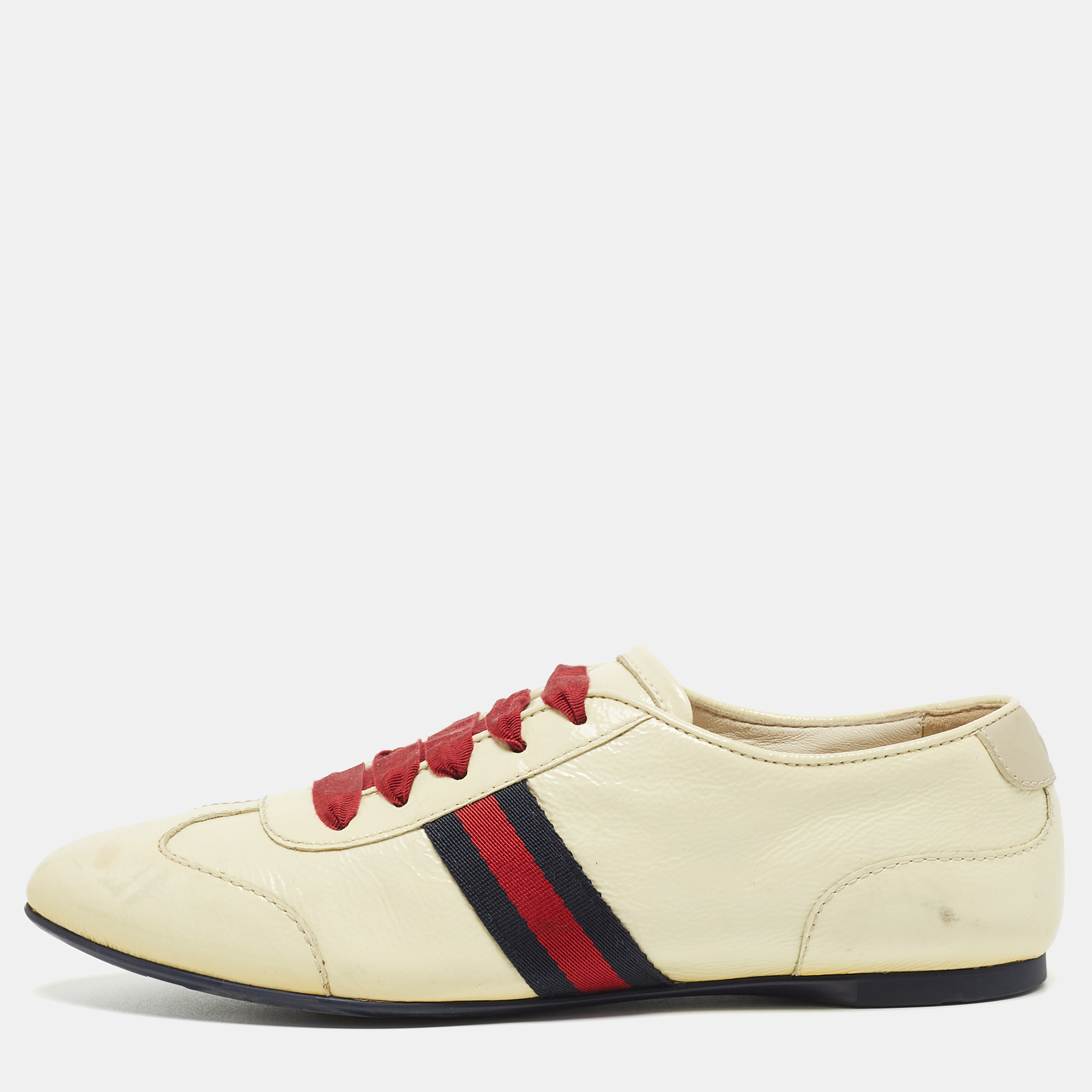 Gucci cream patent leather web lace up sneakers size 35