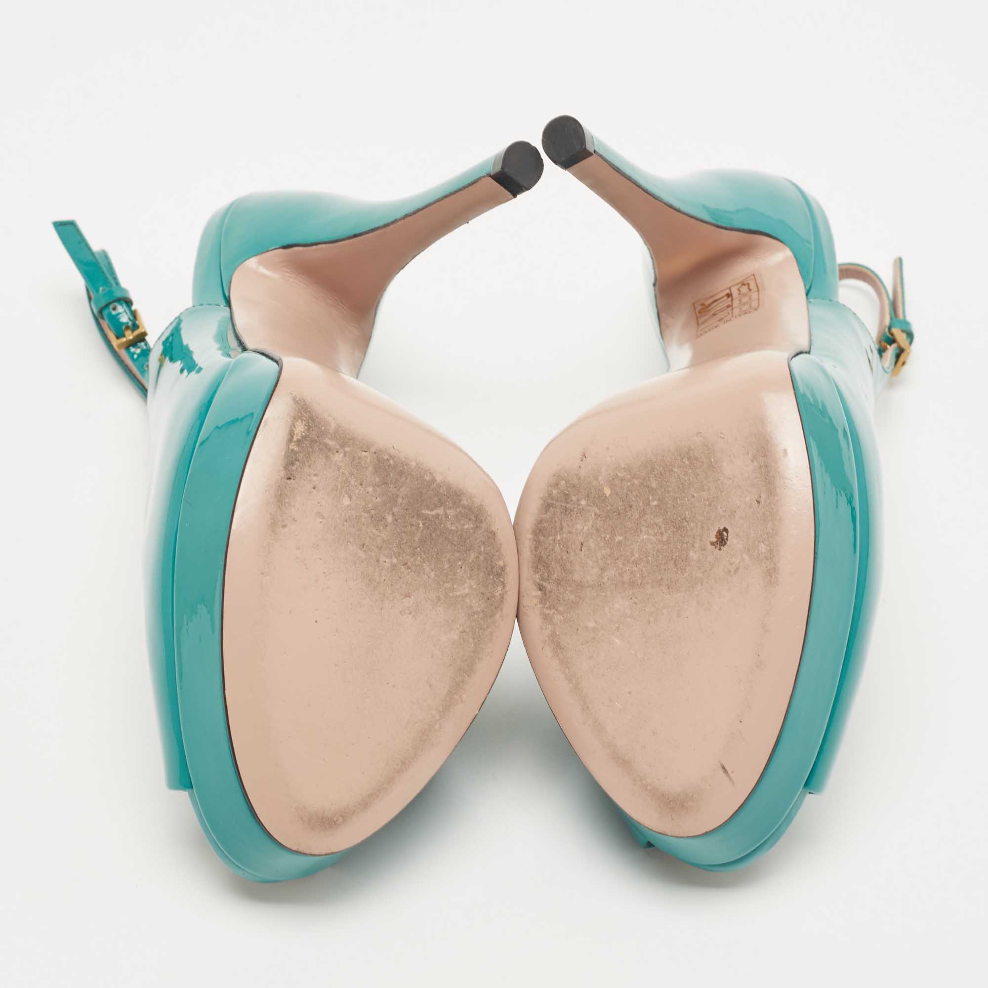 Gucci Teal Patent Leather Peep Toe Platform Slingback Pumps Size 37