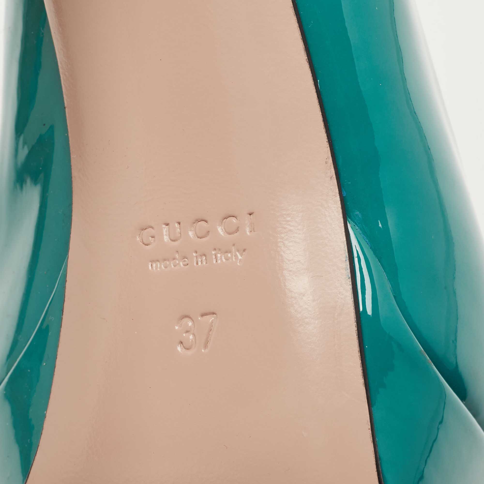 Gucci Teal Patent Leather Peep Toe Platform Slingback Pumps Size 37
