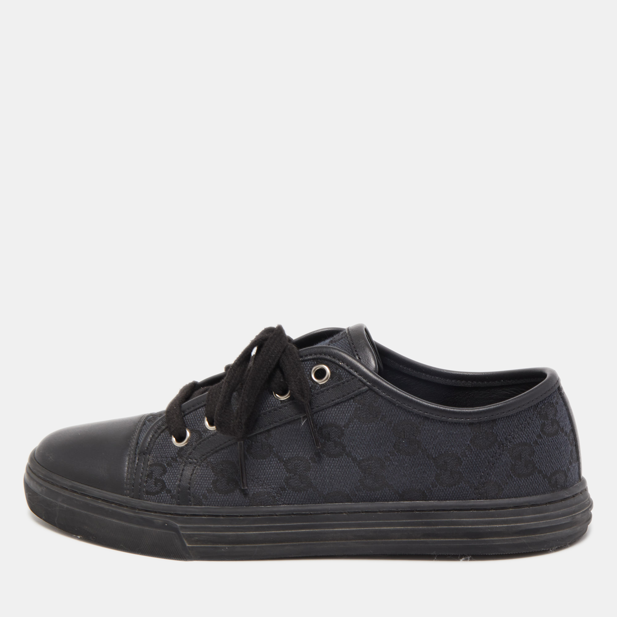 Gucci Black Leather And GG Canvas Cap Toe Low Top Sneakers Size 37.5