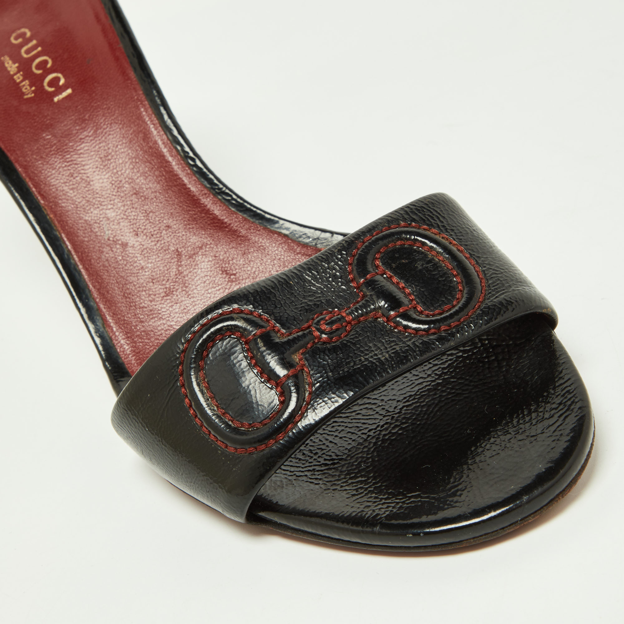 Gucci Black Leather Stitched Horsebit Slide Sandals Size 36