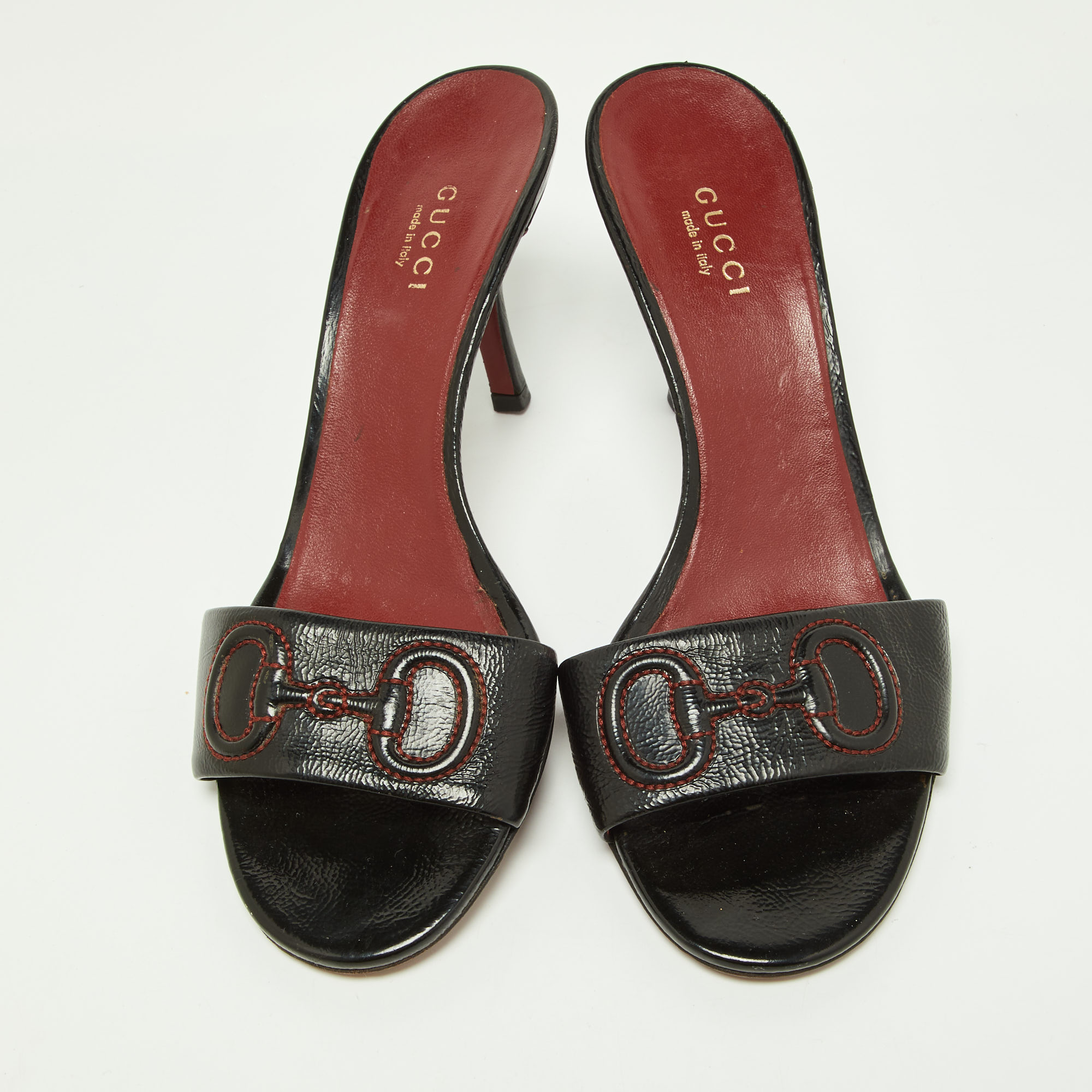 Gucci Black Leather Stitched Horsebit Slide Sandals Size 36