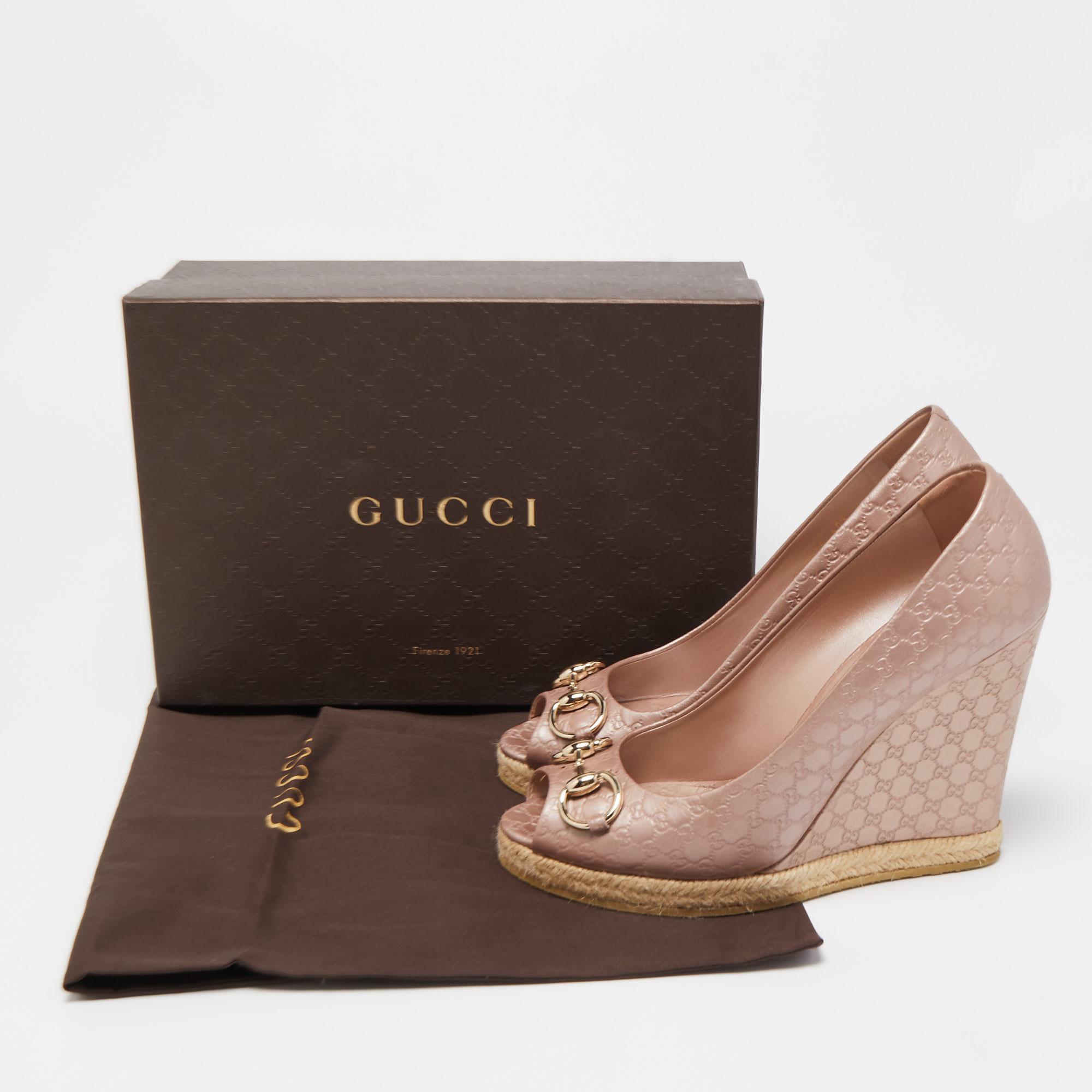 Gucci Metallic Pink GG Leather Charlotte Horsebit Espadrille Wedge Peep Toe Pumps Size 40.5